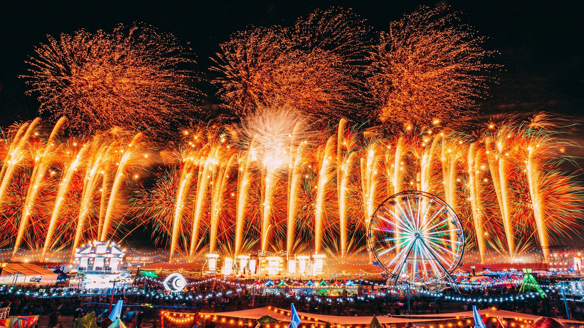 May 22, 2022 - Fireworks above the Passport Lounge at Electric Daisy Carnival music festival at the Las Vegas Motor Speedway in Las Vegas, Nevada.