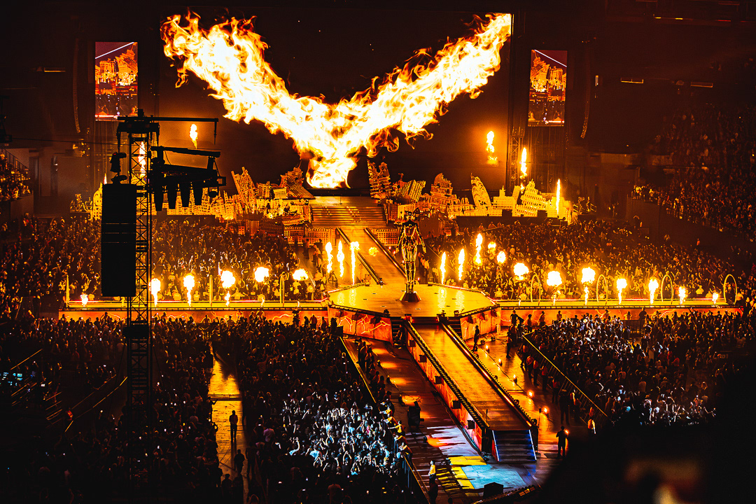 July 5, 2025 - Documenting the massive production of The Weeknd’s 'After Hours Til Dawn' tour, featuring synchronized stage pyrotechnics at Allegiant Stadium in Las Vegas, Nevada.