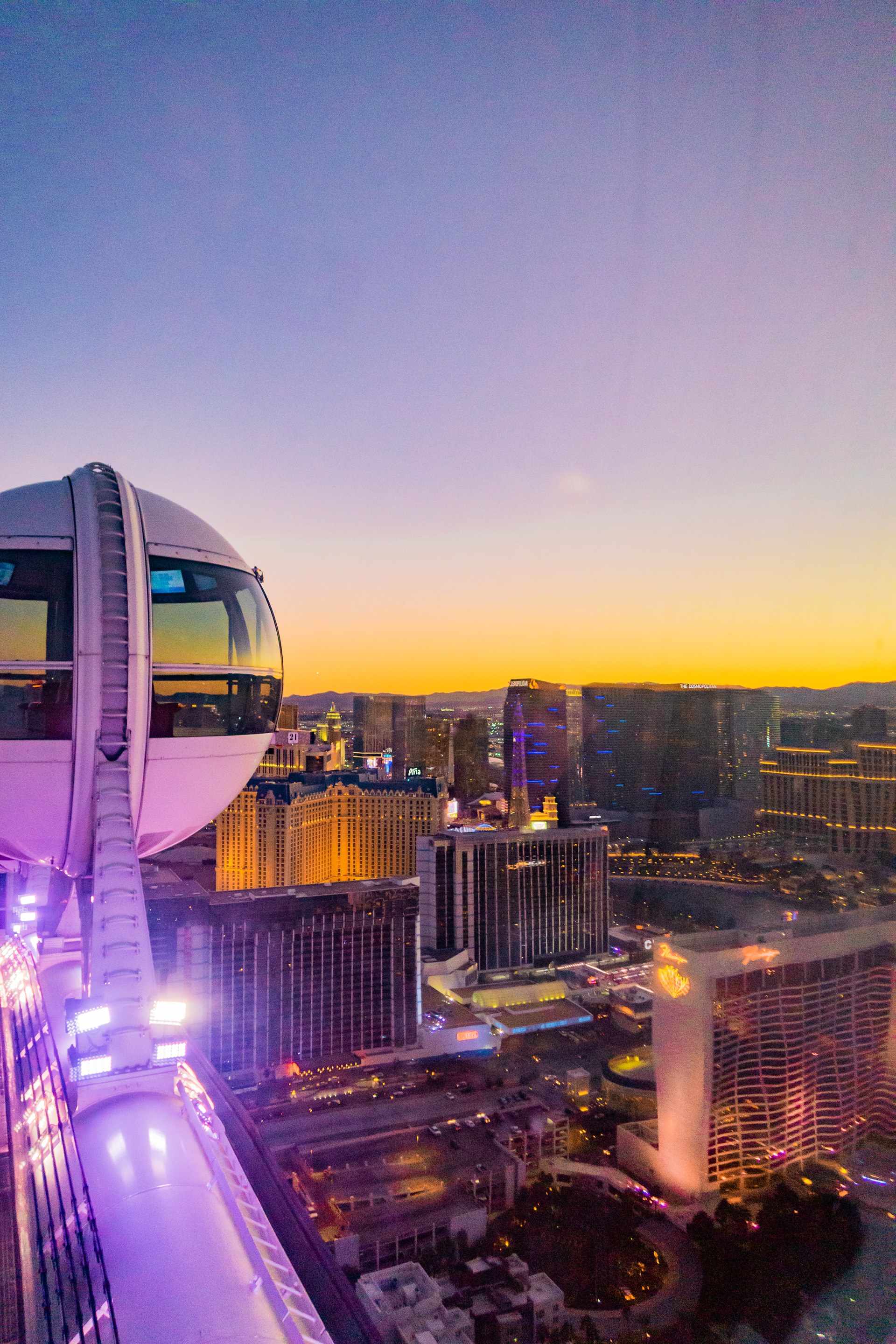 January 2022 - Las Vegas city skyline viewed featuring the High Roller over a clear, sunset sky. Photo: Savannah Lee Rowley