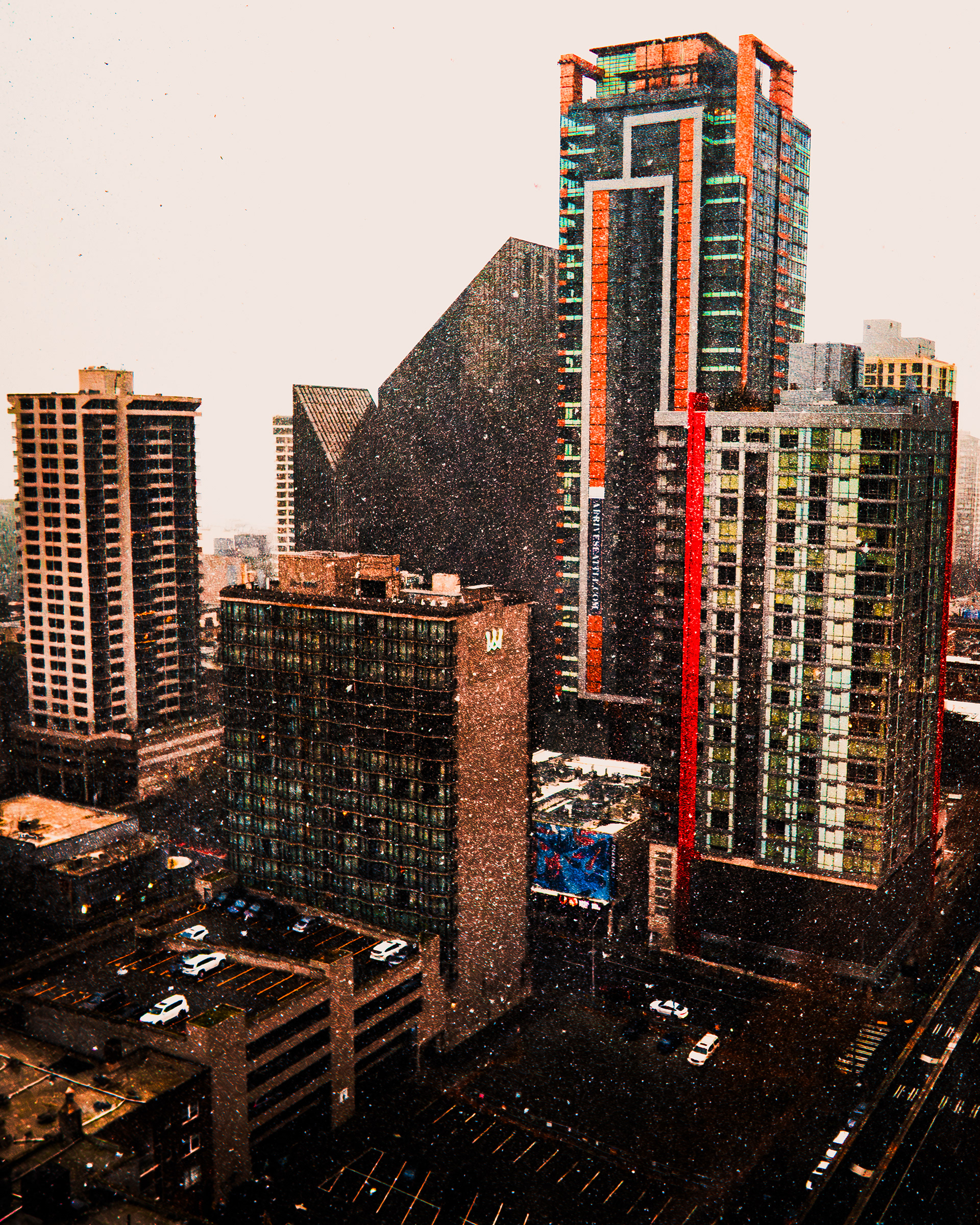 January 2025 - Seattle, Washington city skyline with some snow flurries during sunset. Photo: Savannah Lee Rowley