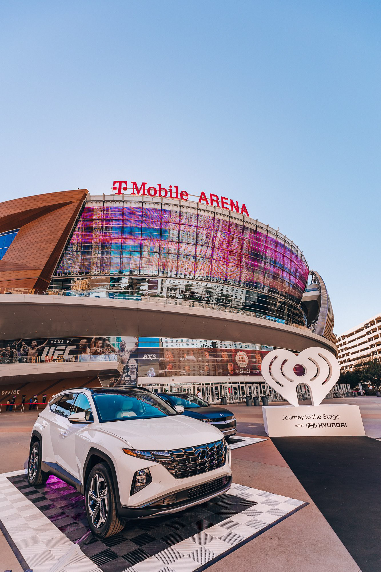 A Hyundai 'Journey to the Stage' vehicle feature outside T-Mobile Arena.
