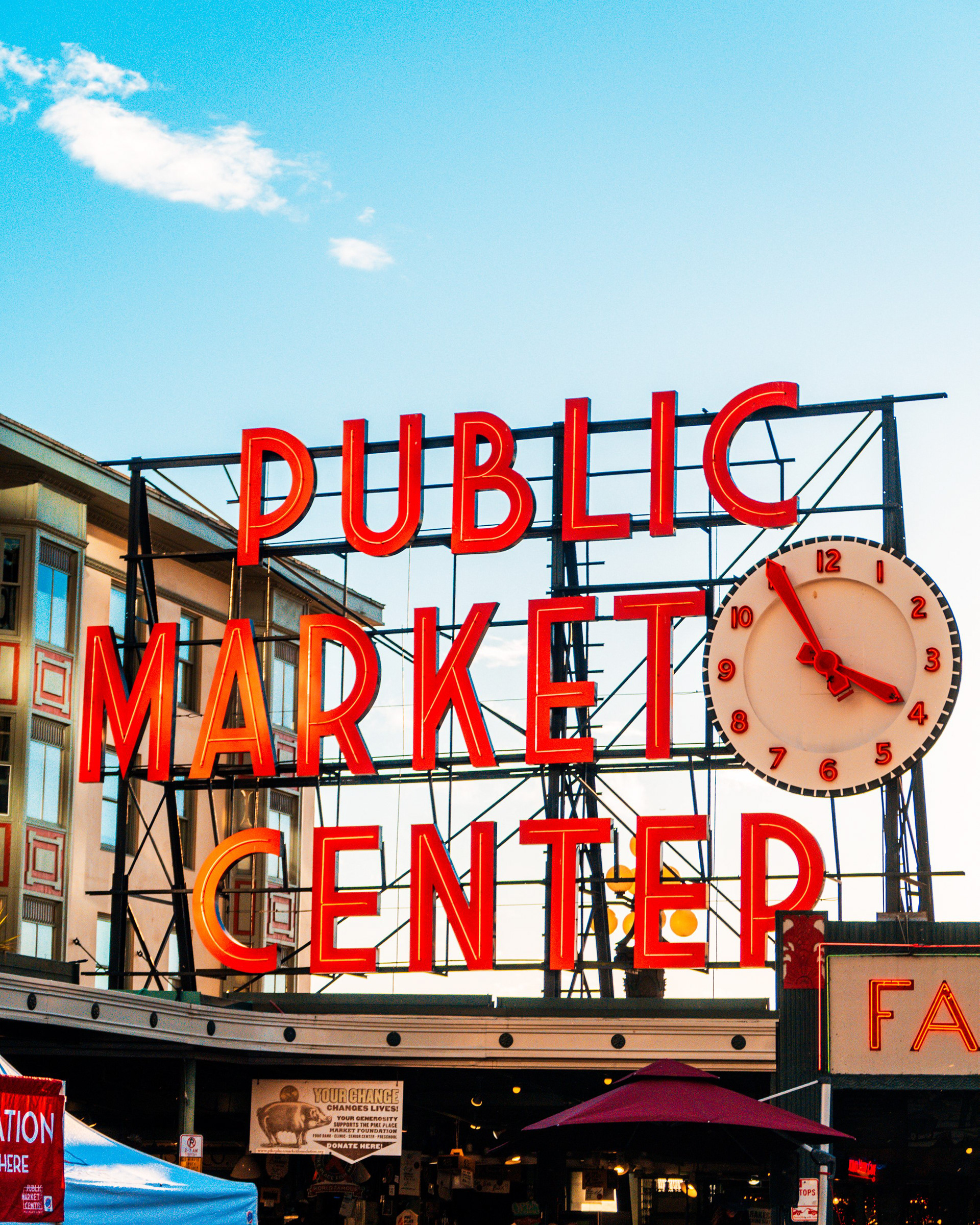 February 2, 2025 - Brightly lit Public Market Center at Pike Place in Seattle, WA. Photo: Savannah Lee Rowley