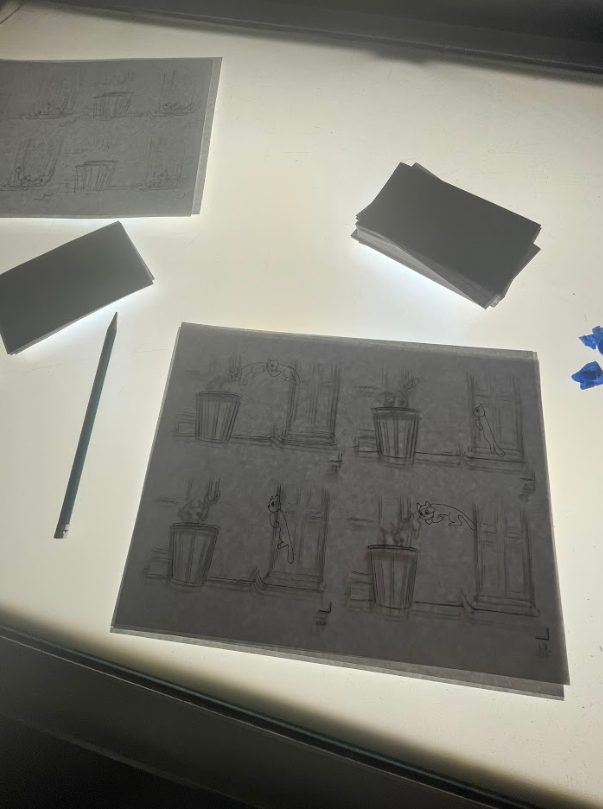 Printed out frames to be hand traced using a lightbox and pencil