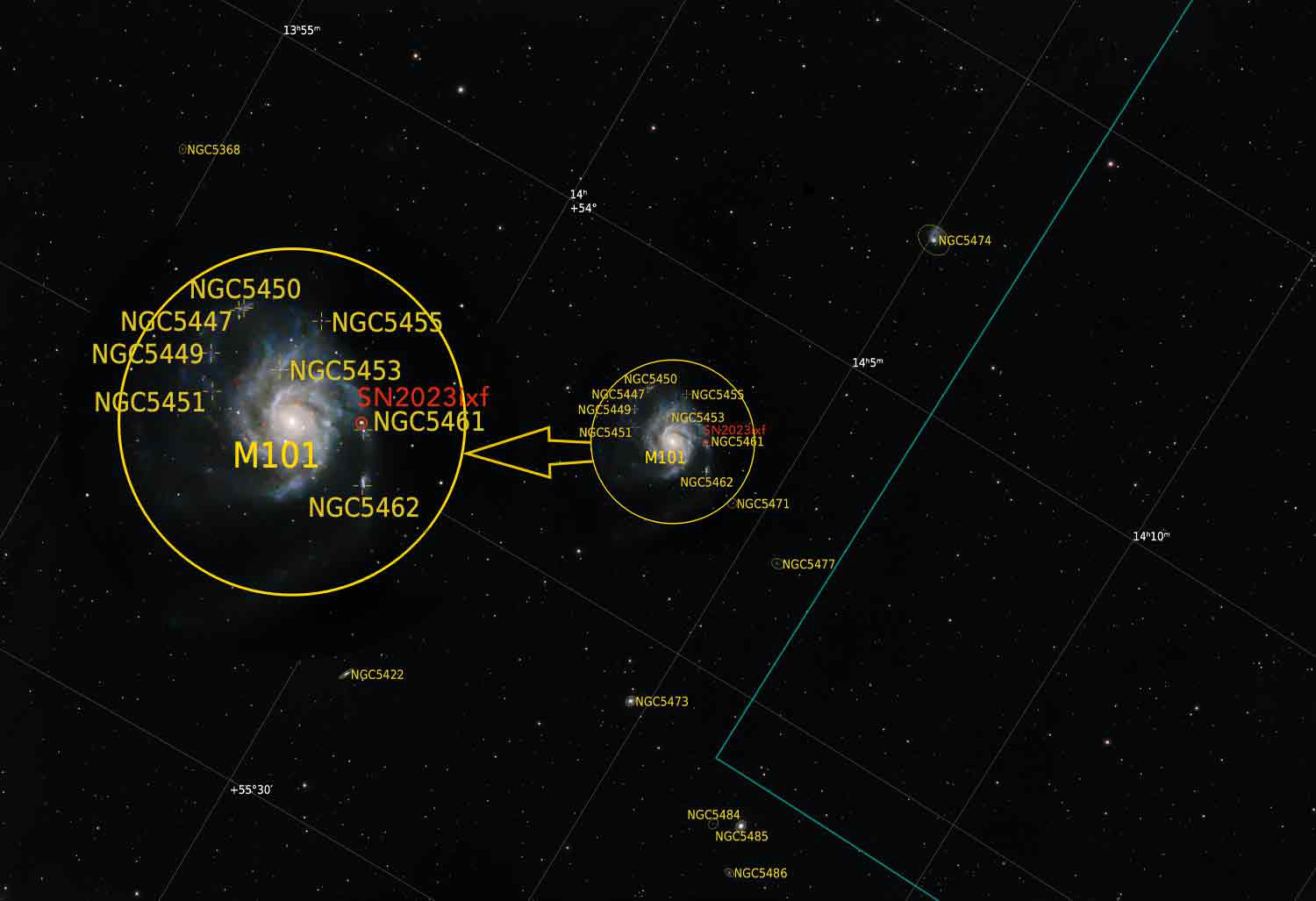 M101 Pinwheel Galaxy (annotated) © Irwin Seidman