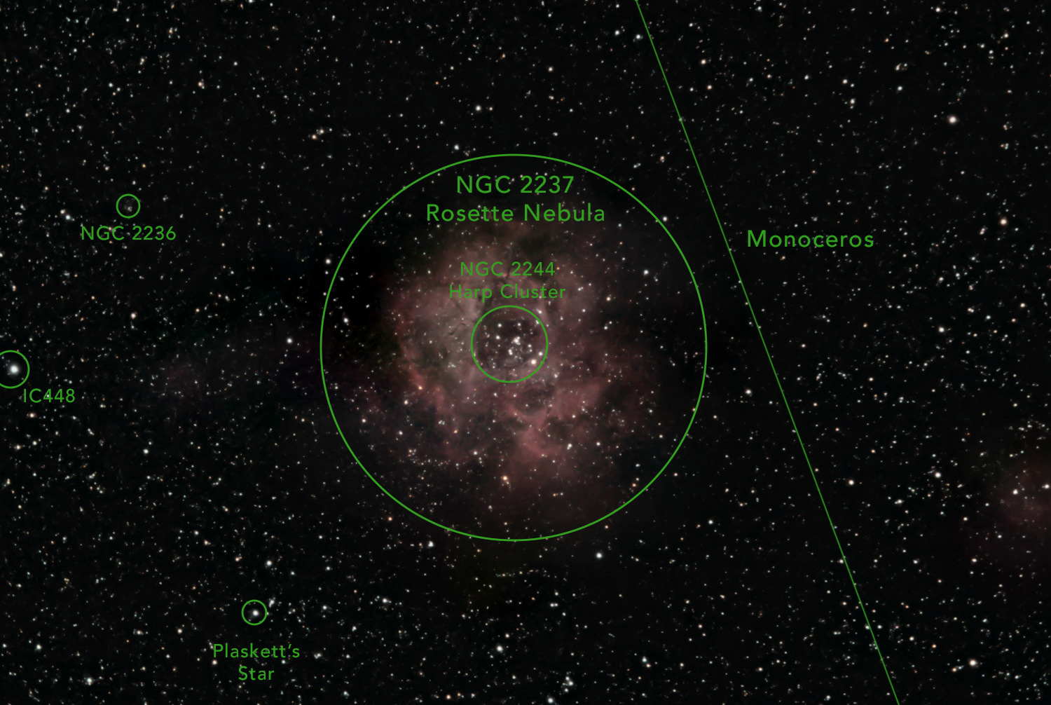 Rosette Nebula (annotated) © Irwin Seidman