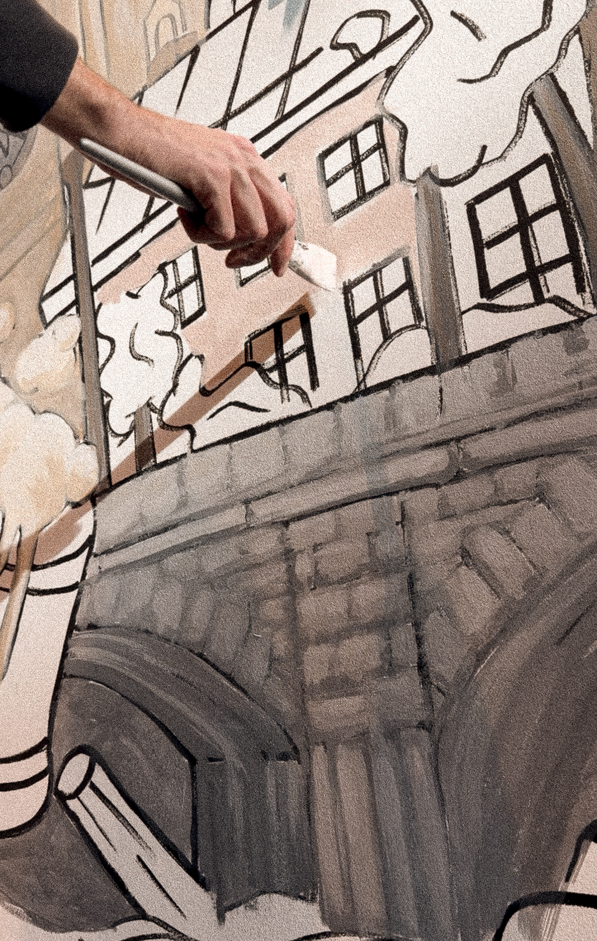 The whole mural was painted with acrylic colors and brushes