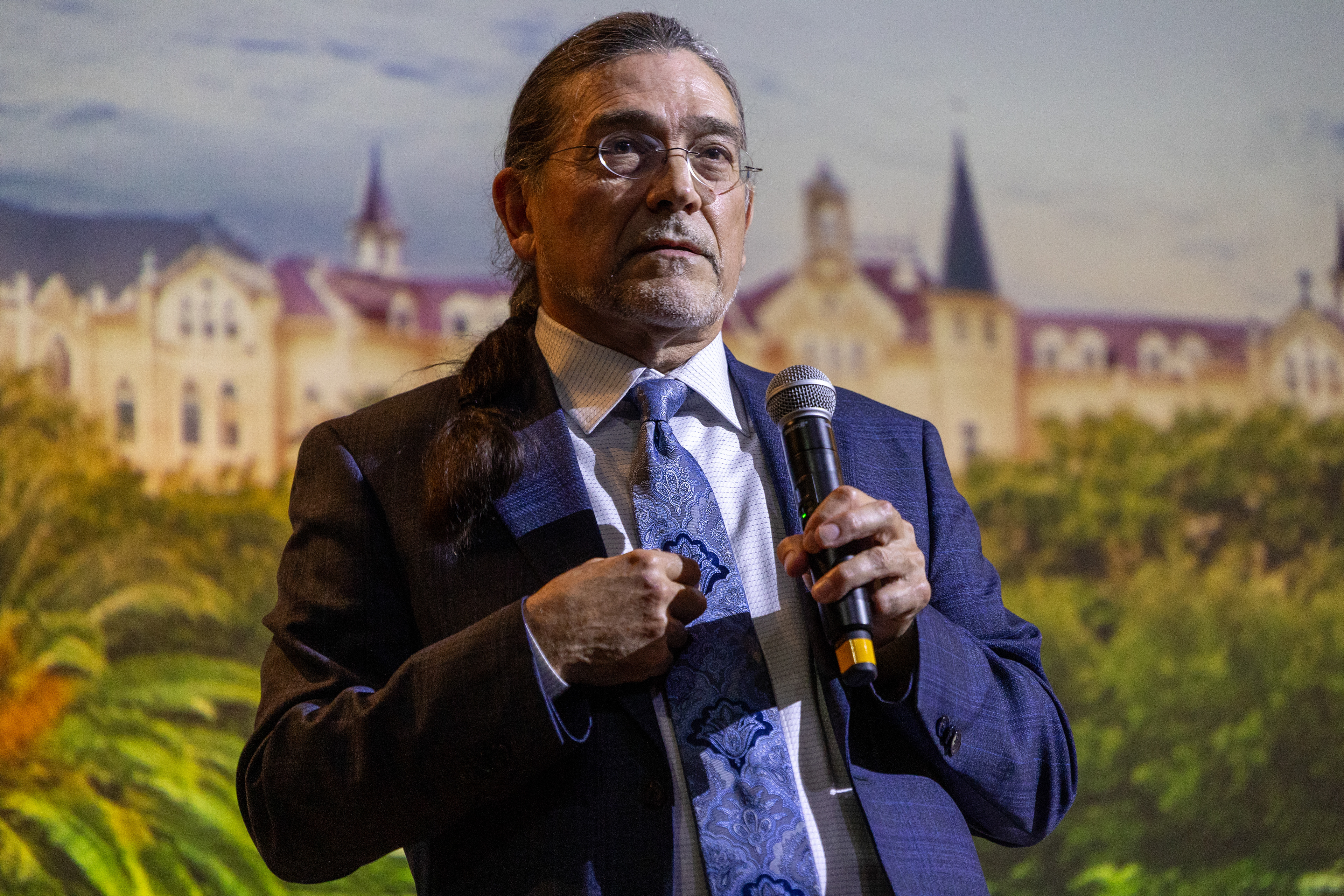 Former U.S. Census Bureau director and San Antonio native Robert Santos points to himself during a talk on the importance of representation in the census at Our Lady of the Lake University on Sept. 17, 2025, in San Antonio.