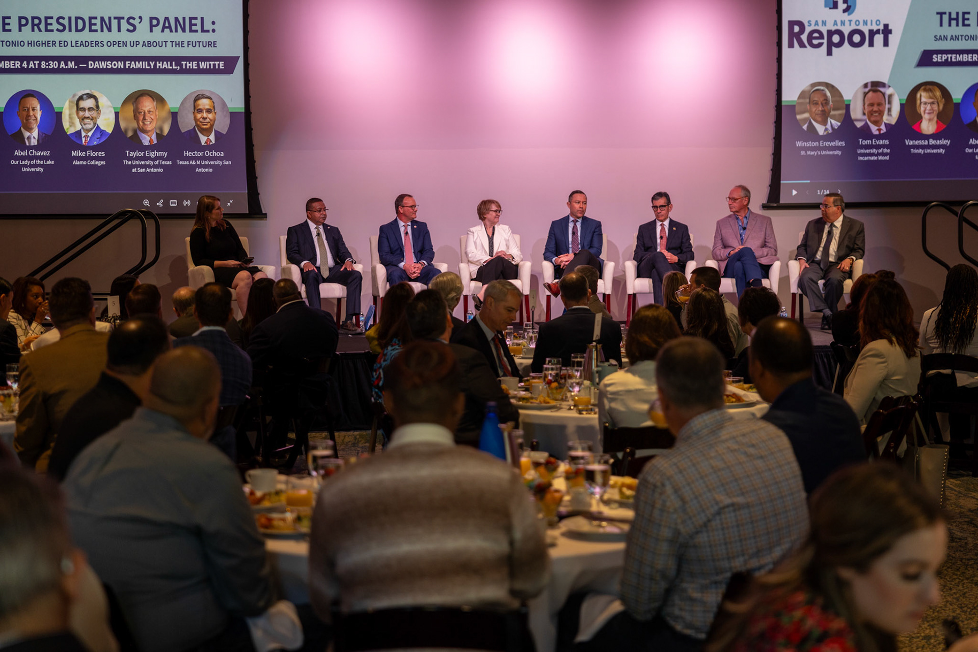 President of public and private universities in San Antonio speak during the Presidents Panel event on Sept. 4, 2025.