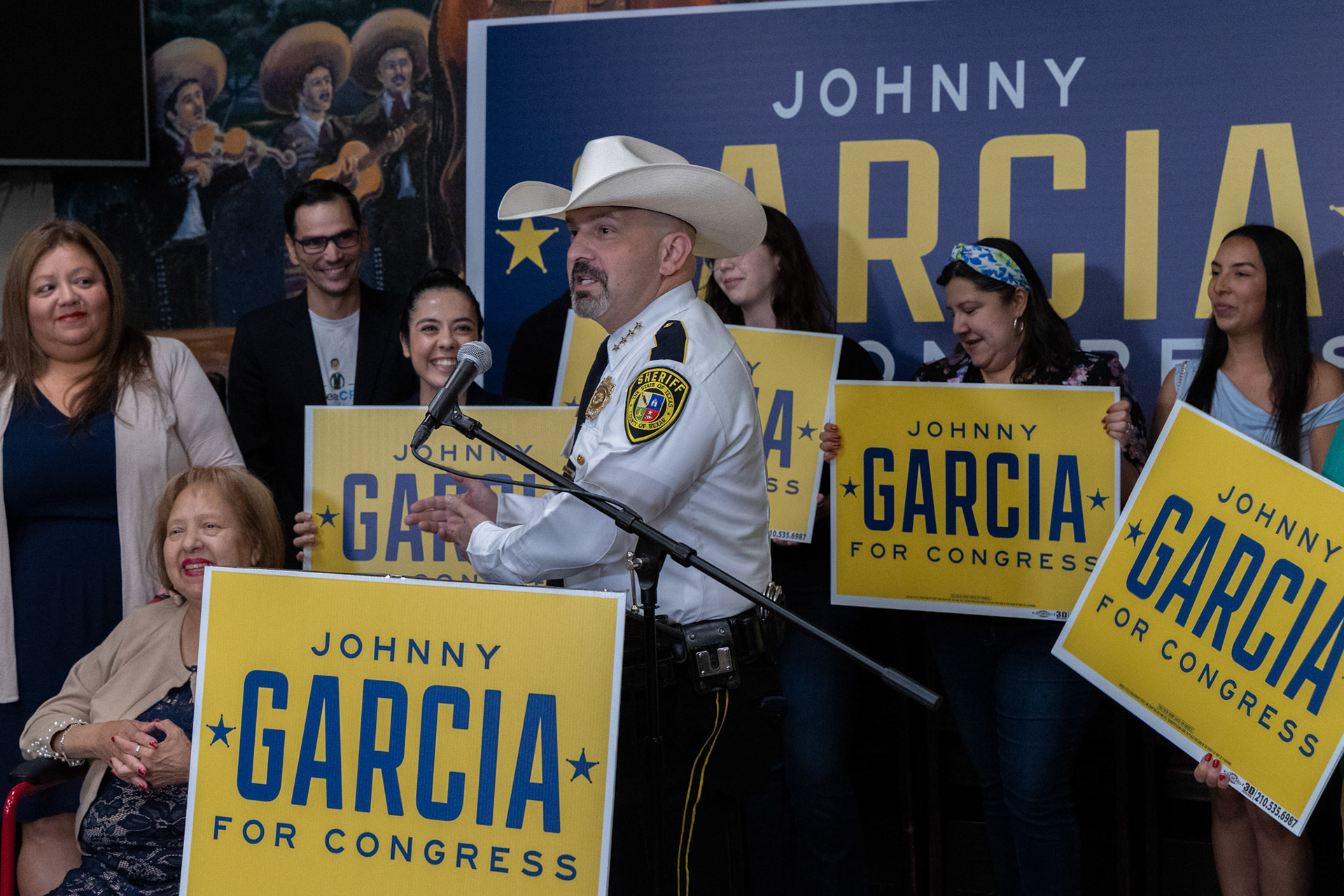 Bexar County Sheriff Javier Salazar introduces Johnny Garcia at a community event announcing his run for the new Texas 35 congresional district on Oct. 9, 2025.