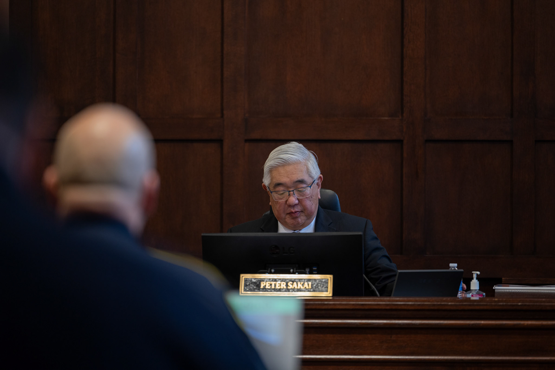 County Judge Peter Sakai listens to a presentation from Sheriff Javier Salazar requesting budget amendments on Aug. 26, 2025, during a county budget work session in San Antonio.