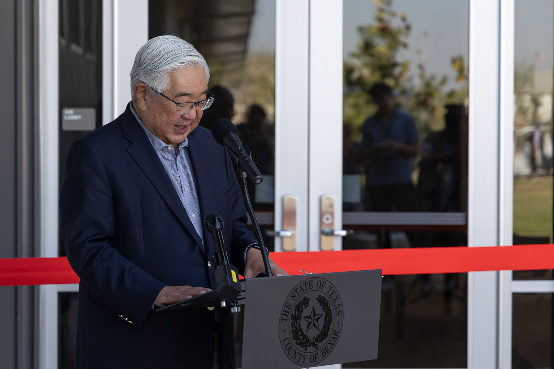 Bexar County Judge Peter Sakai gives a speech at the opening of the new expansion at the Applewhite Recovery Center on the South Side on Oct. 9, 2025, in San Antonio.