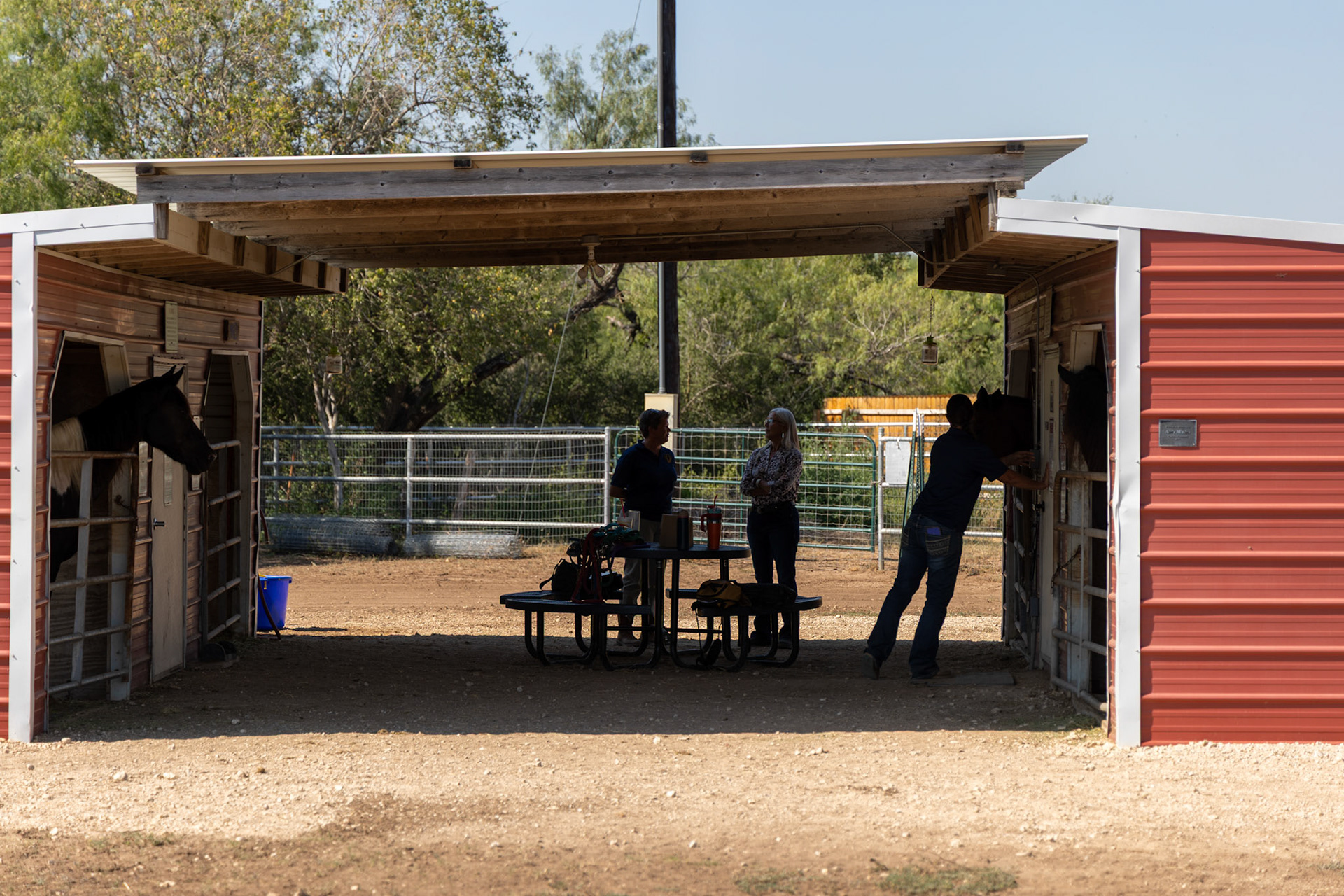 Cadre for the Bexar County Juvenile Probation Department hang around inside the CHAPS program stable on Oct. 1, 2025, in San Antonio.