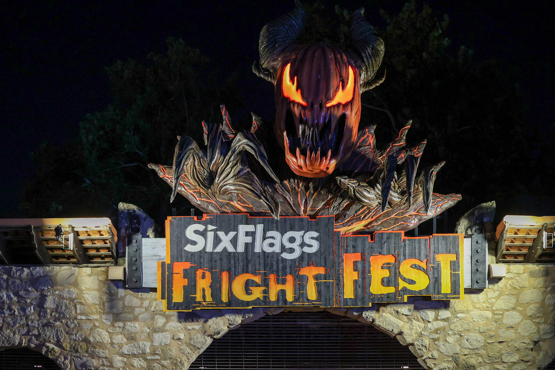 The entrance to Six Flags Fiesta Texas on the opening night of Fright Fest in San Antonio on Sept. 6, 2025.