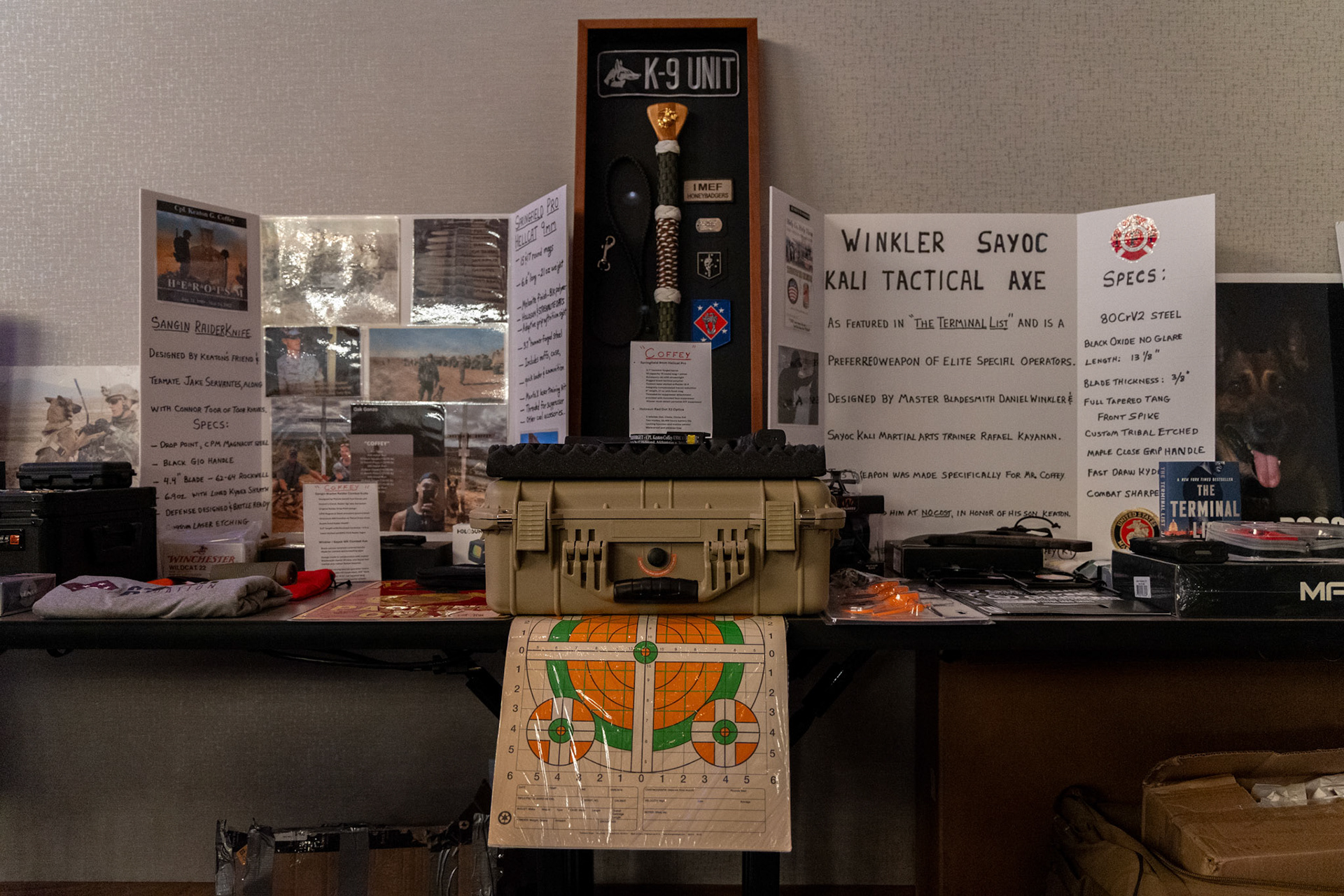A memorial honoring U.S. Marine Corps Cpl. Keaton G. Coffey, a military dog handler killed in action May 24, 2012, in Afghanistan, is displayed during the U.S. War Dogs Association’s 25th anniversary ceremony Friday, Oct. 17, 2025, in San Antonio.