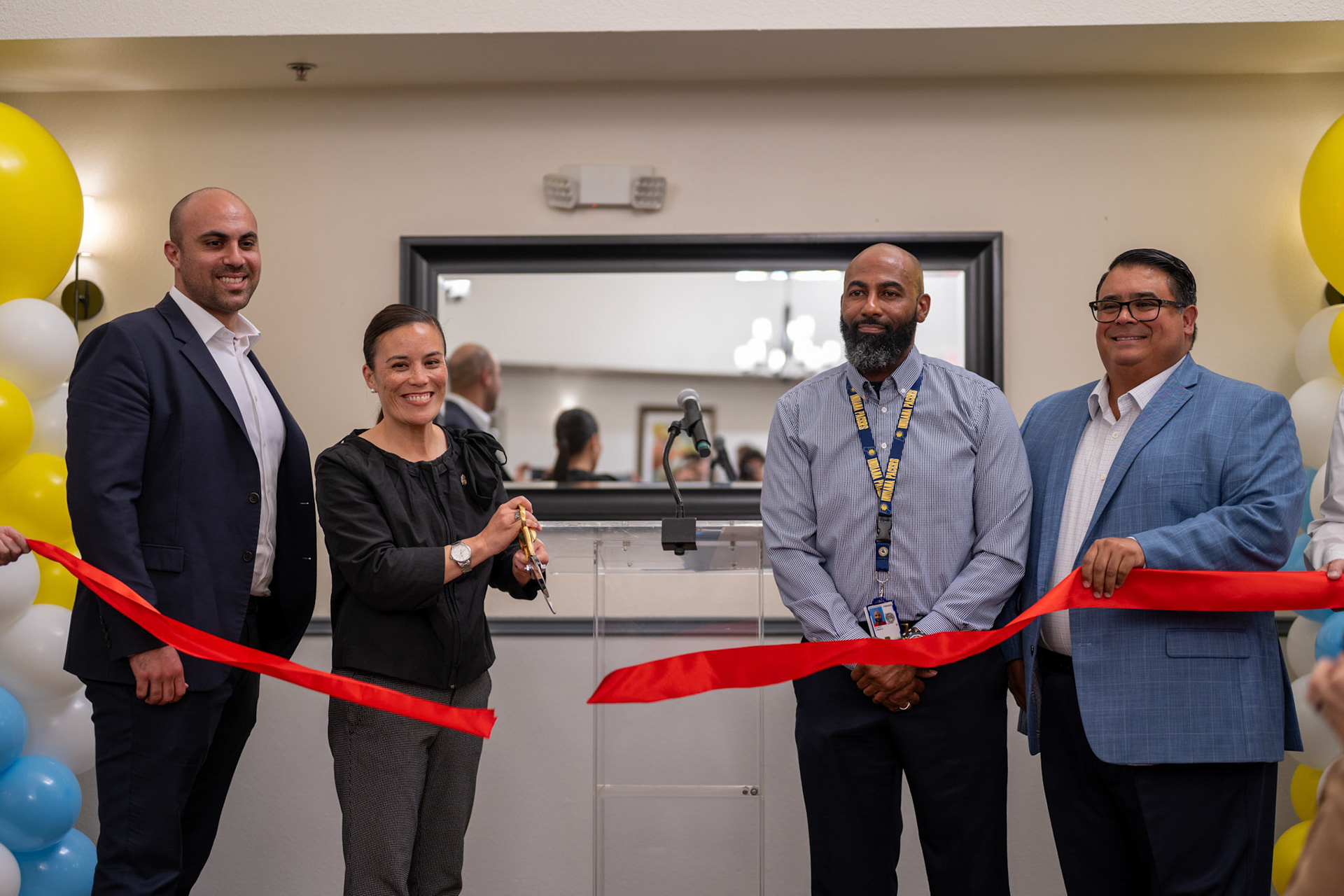 Mayor Gina Ortiz Jones cuts the ribbon at the Valor Hills Apartments opening ceremony July 29, 2025, alongside representatives from GoodHomes LLC, the Department of Veterans Affairs and the San Antonio Housing Trust.
