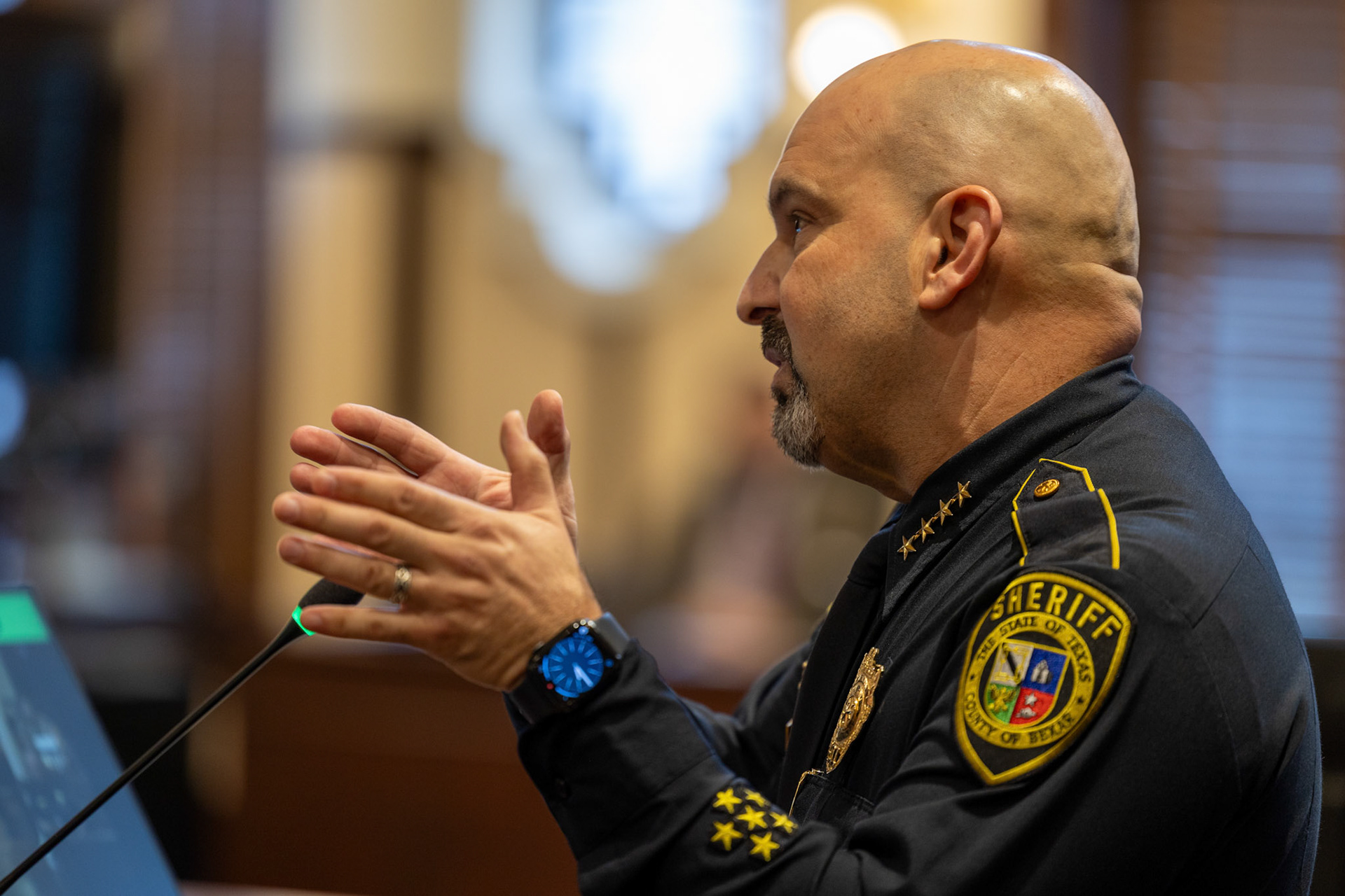 Bexar County Sheriff Javier Salazar speaks at the Bexar County Courthouse for a county budget work session on Tuesday, Aug. 26