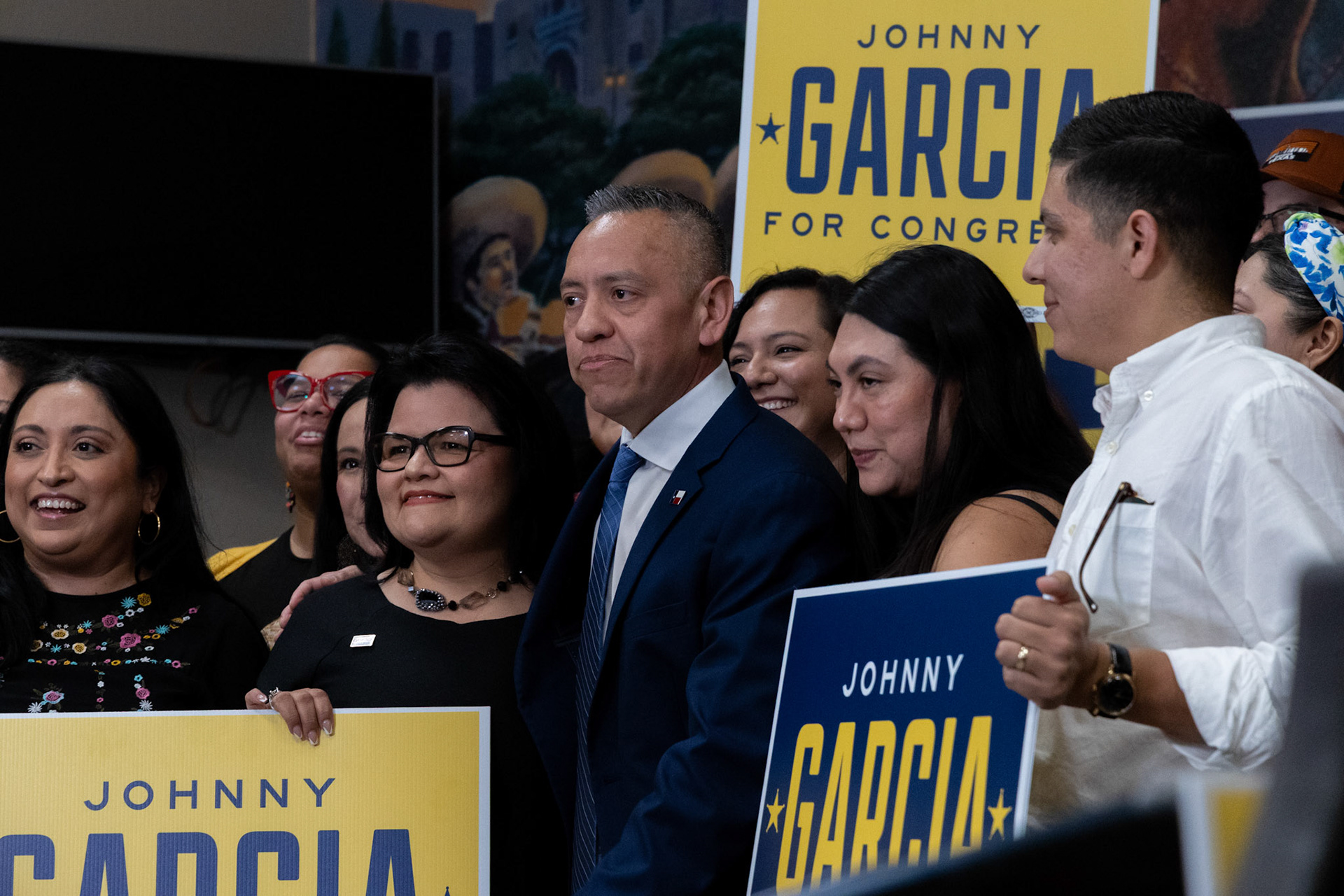 Bexar County Sheriff Departments Public Information Officer Johnny Garcia poses for photos with supporters at his event where he announced plans to run for the new Texas' 35 congressional district at a community event on the south side on Oct. 9, 2025.