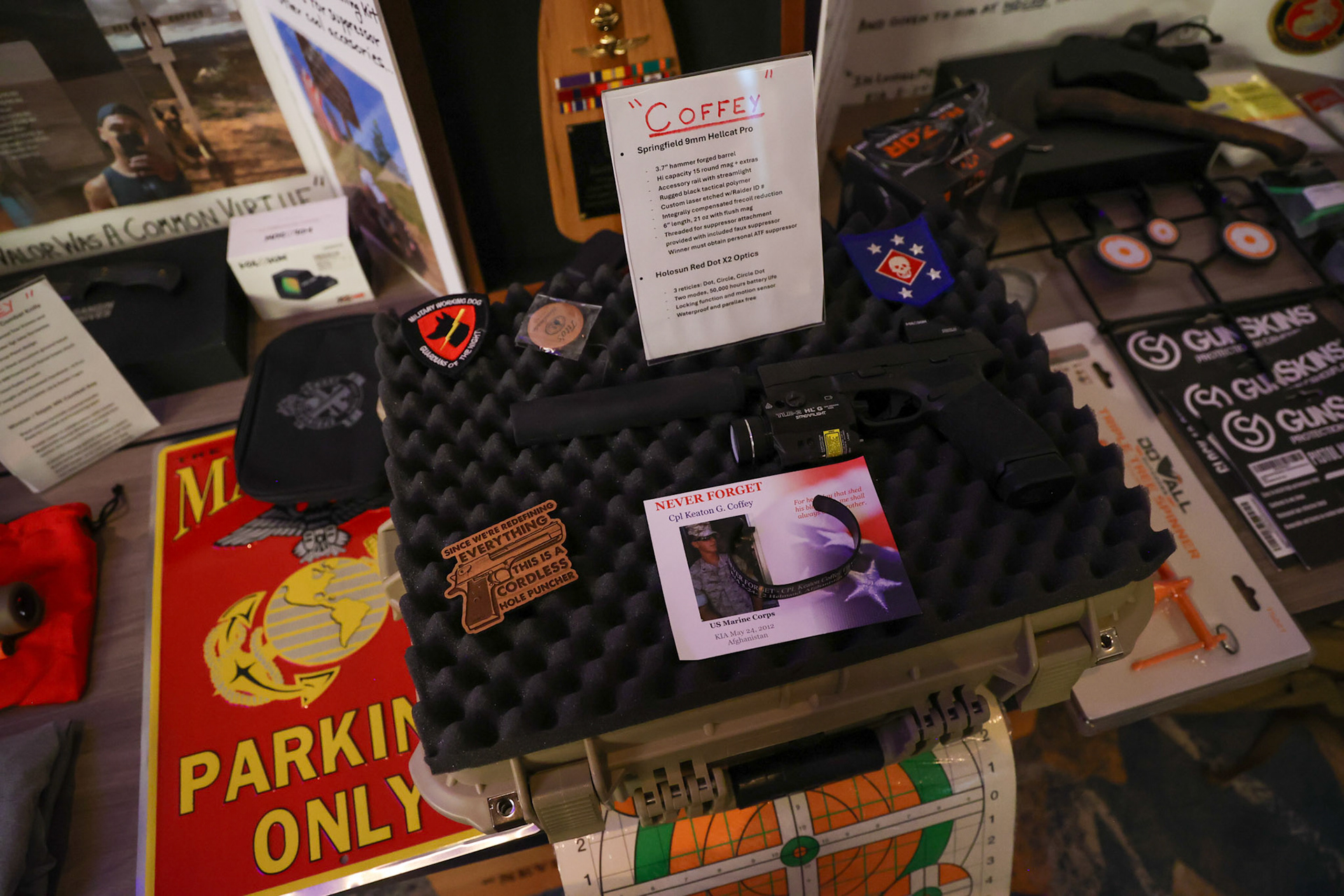 A memorial honoring U.S. Marine Corps Cpl. Keaton G. Coffey, a military dog handler killed in action May 24, 2012, in Afghanistan, is displayed during the U.S. War Dogs Association’s 25th anniversary ceremony Friday, Oct. 17, 2025, in San Antonio.