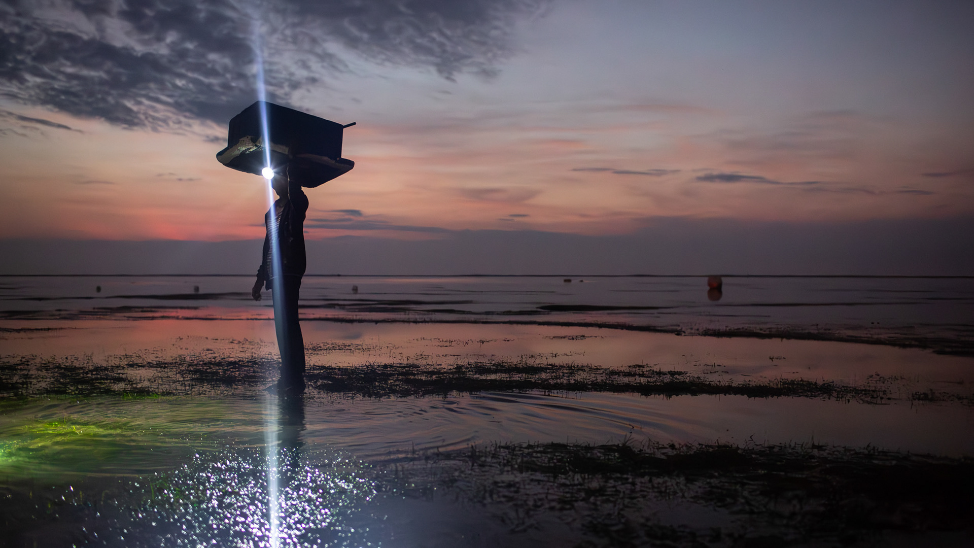 Ibu Riket, searches for urchins in Geger Beach. She began very early that day because the full moon affected low tide access, Sawangan, Geger Beach, Nusa Dua, November 17, 2024.