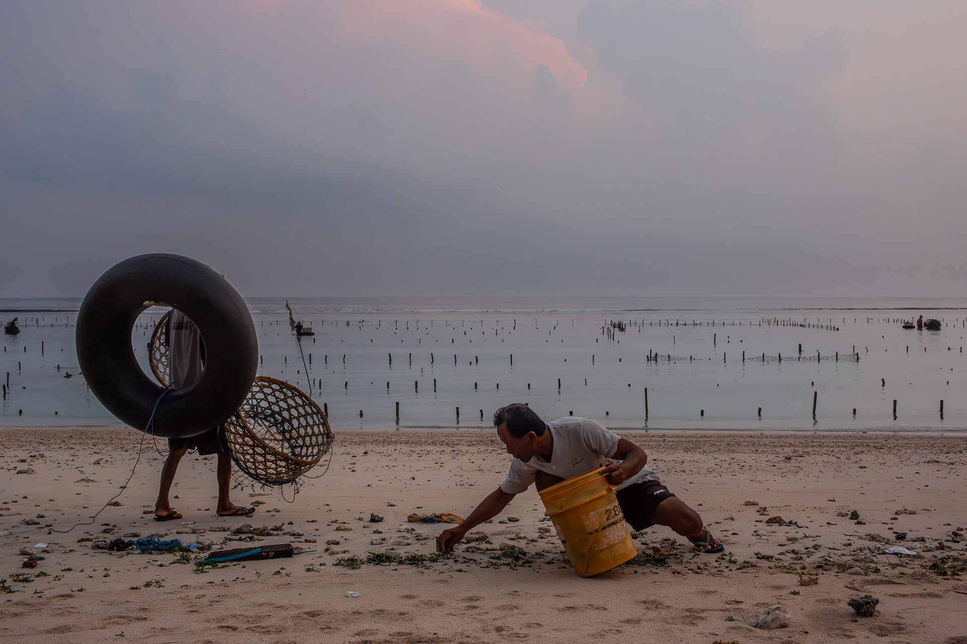 Every piece of seaweed is collected. The floating ring will be used to move seaweed around once the basket is full. Semaya, Nusa Penida, November 21, 2024.