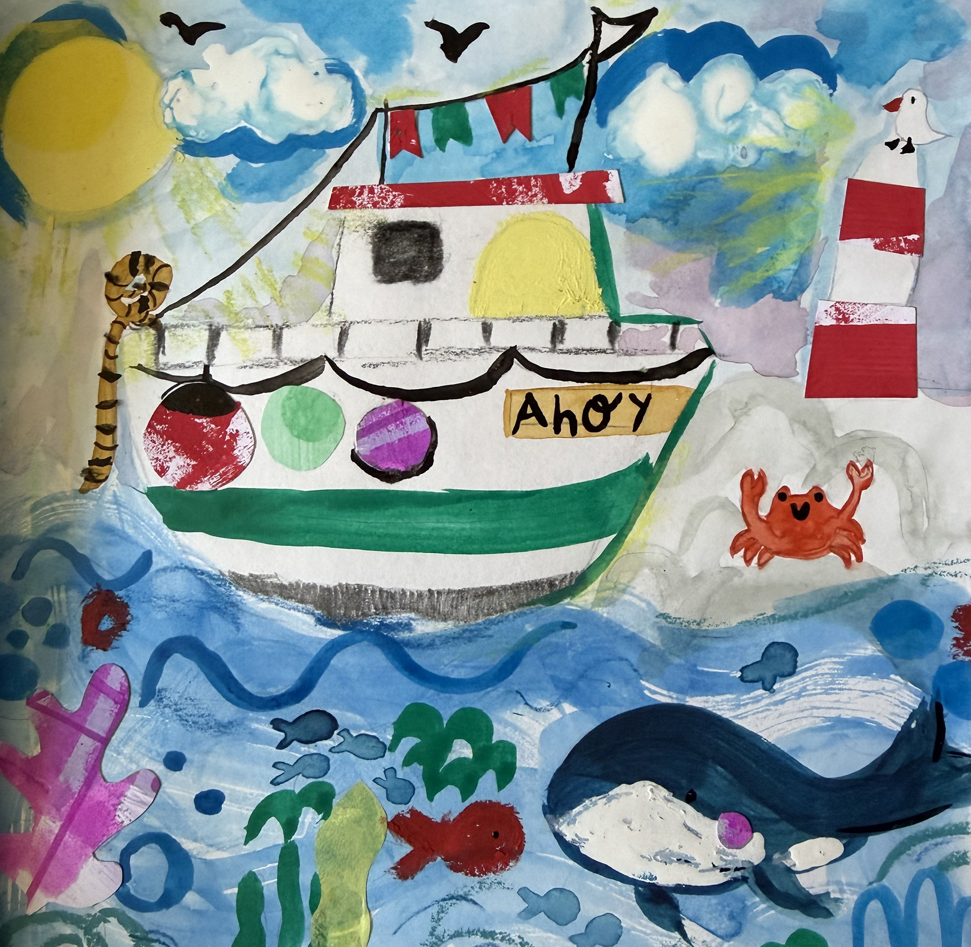Mixed media: Nautical themed with boat, lighthouse, and sea creatures