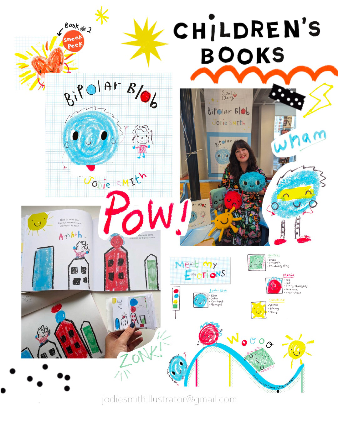Childrens book portfolio page showcasing Jodie Smith's debut as an Author and Illustrator, 'Bipolar Blob'.