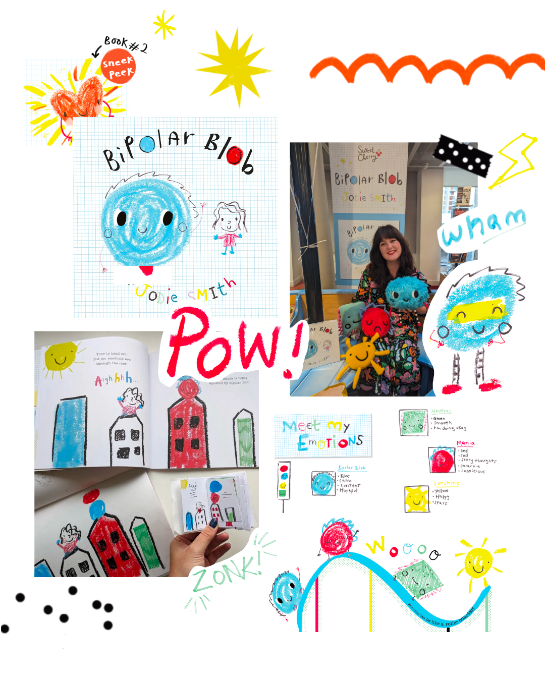 Childrens book portfolio page showcasing Jodie Smith's debut as an Author and Illustrator, 'Bipolar Blob'.