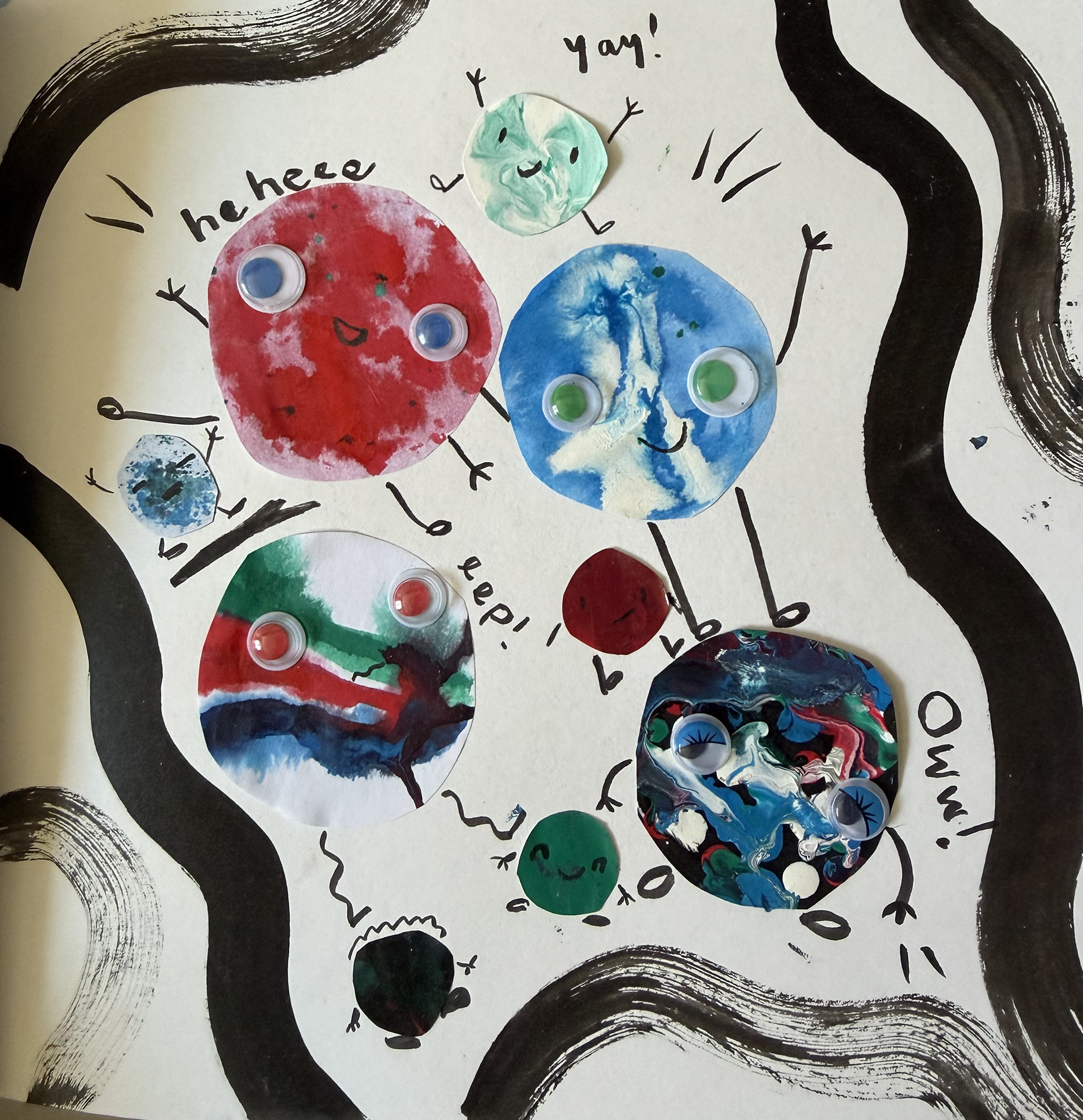 Mixed media: Googley eyed planet characters