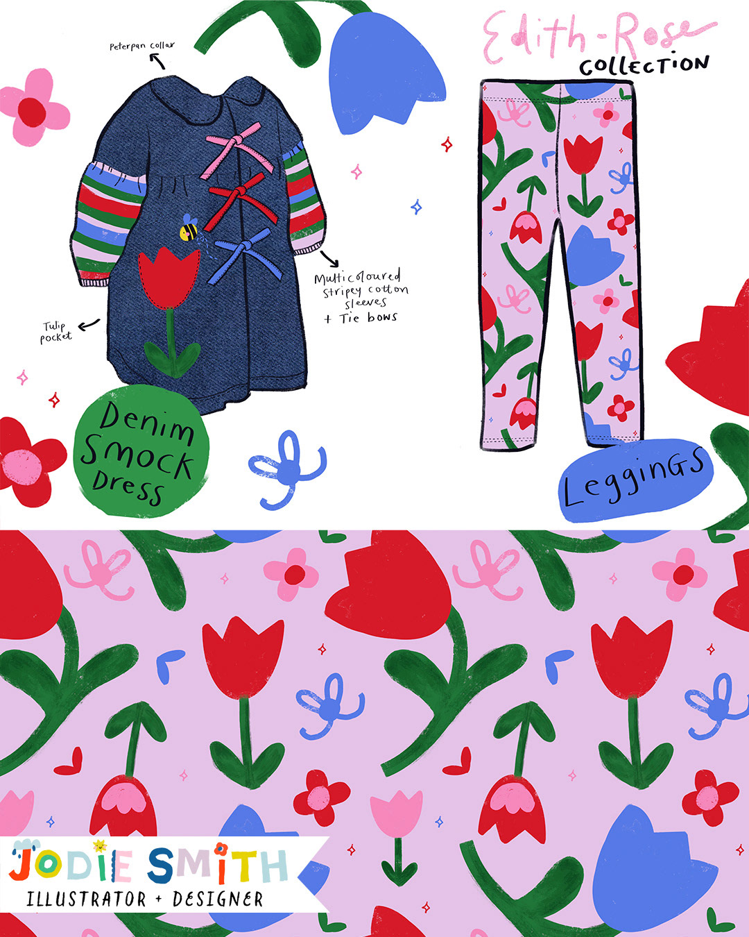 Whimsical childrens fashion design and print by Jodie Smith, available to licence