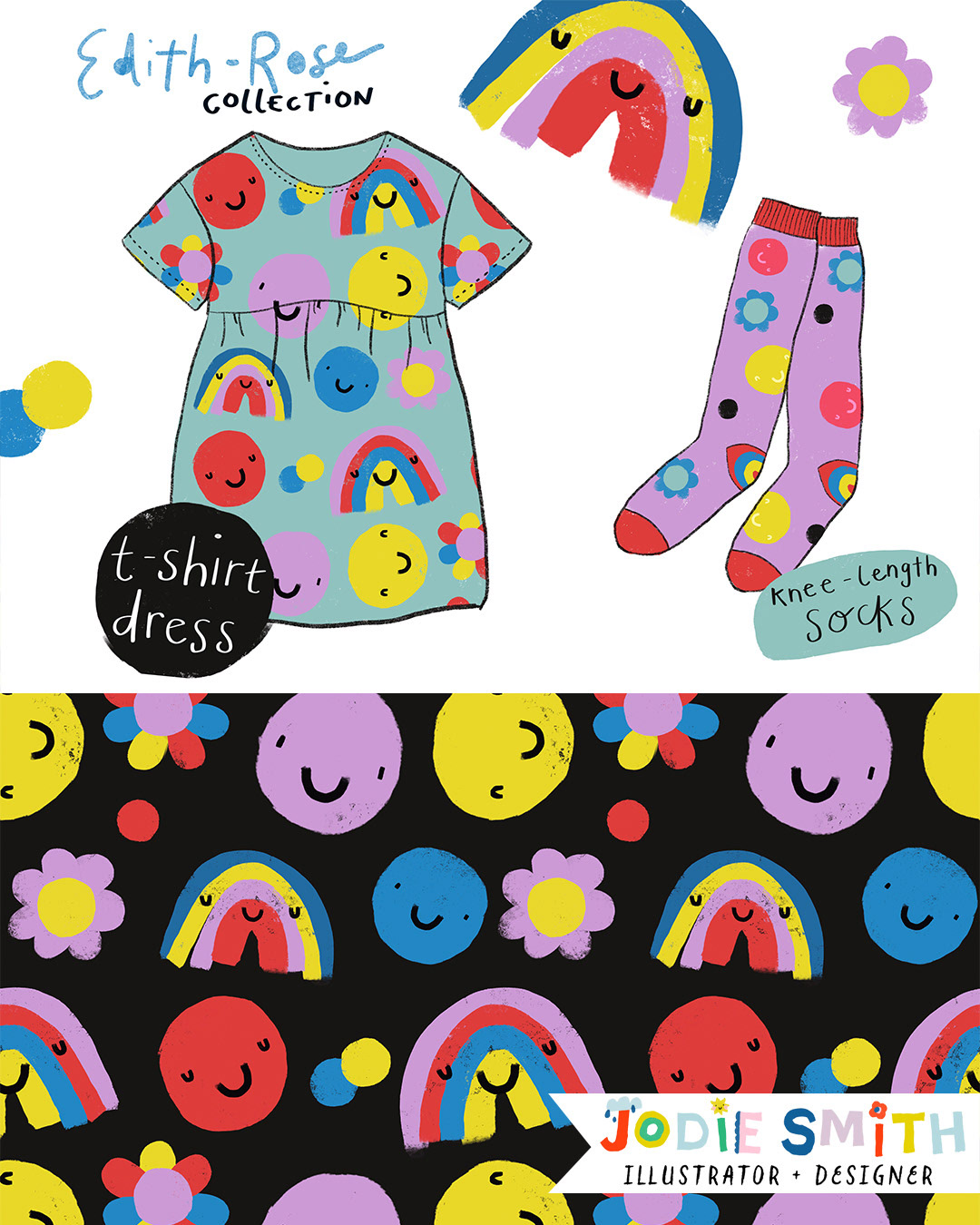 Bold fun playful childrens surface pattern design for kids clothes by Jodie Smith