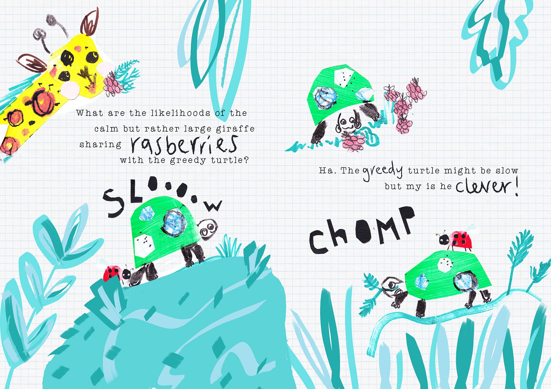 Animal friends picture book idea page spread 'The Unlikely Friends' by Jodie Smith in 2022