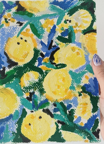 Oil pastel lemons on textured paper