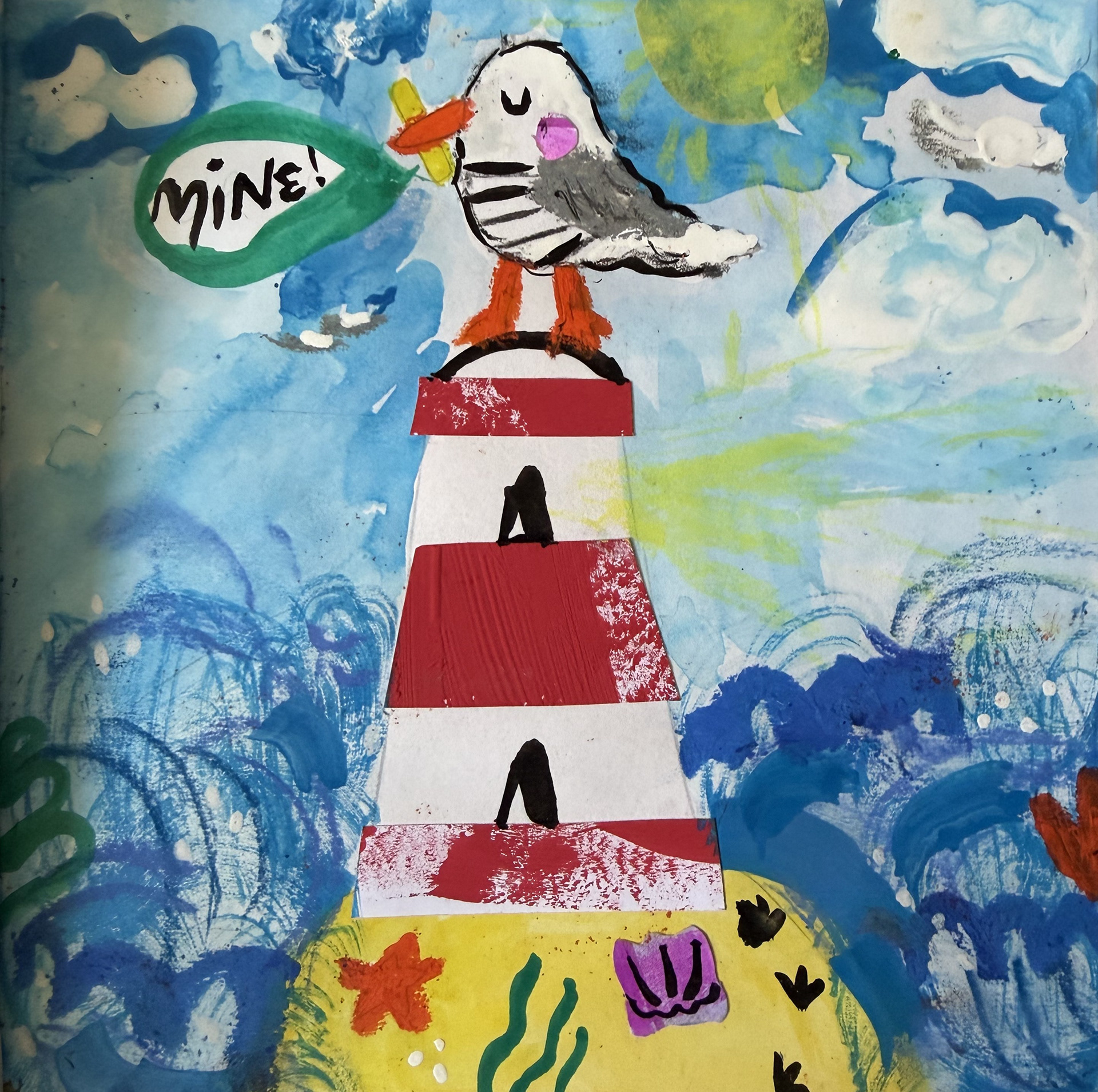 Mixed media: Nautical themed with a seagull character on a lighthouse in the sea