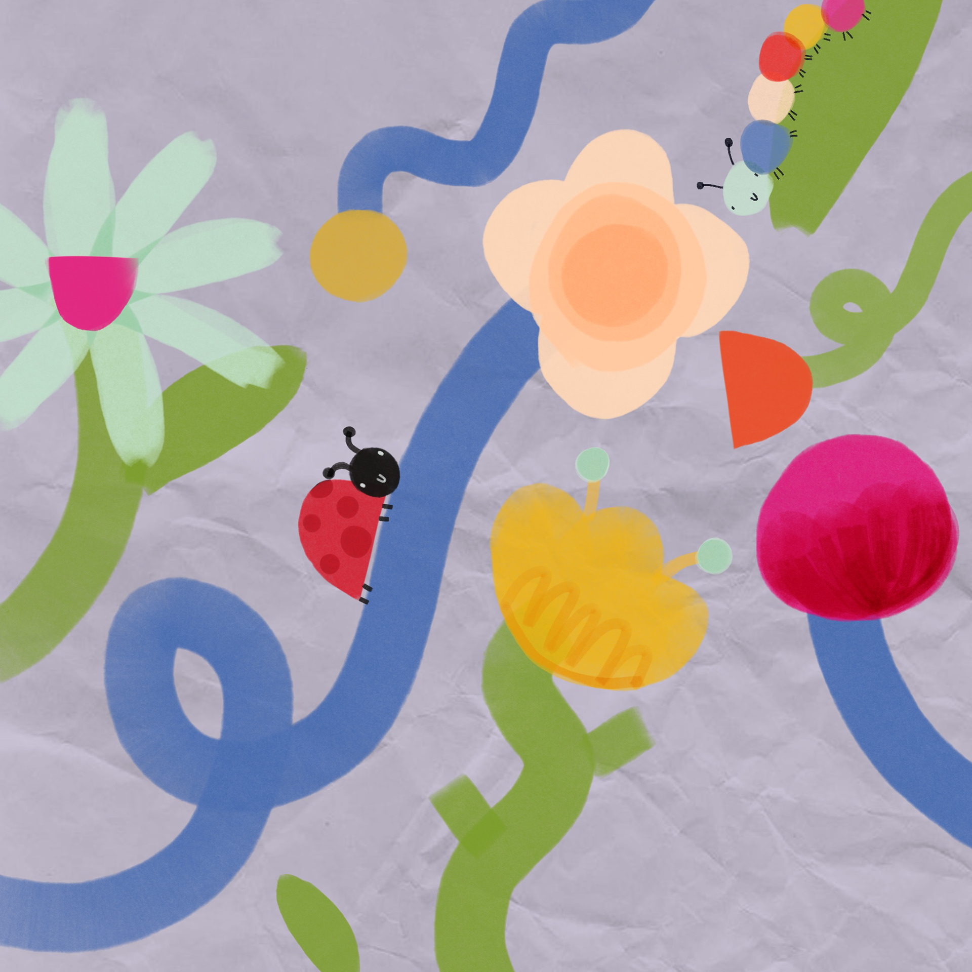 Simple florals with mini ladybird and caterpillar