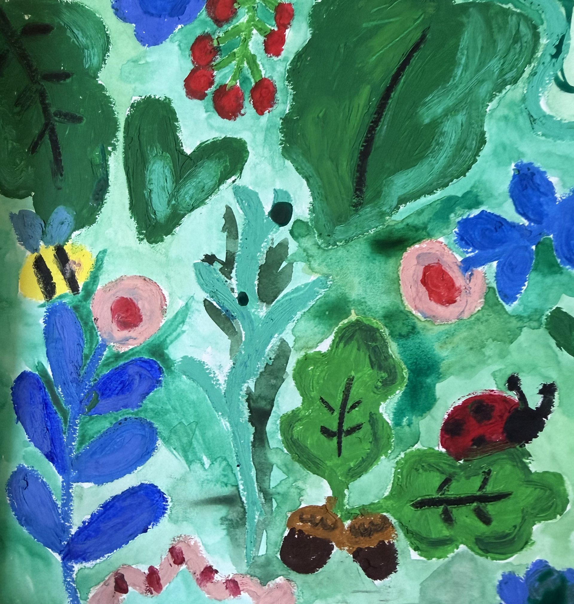 Mixed media: Oil painting of foliage, flowers, and bugs