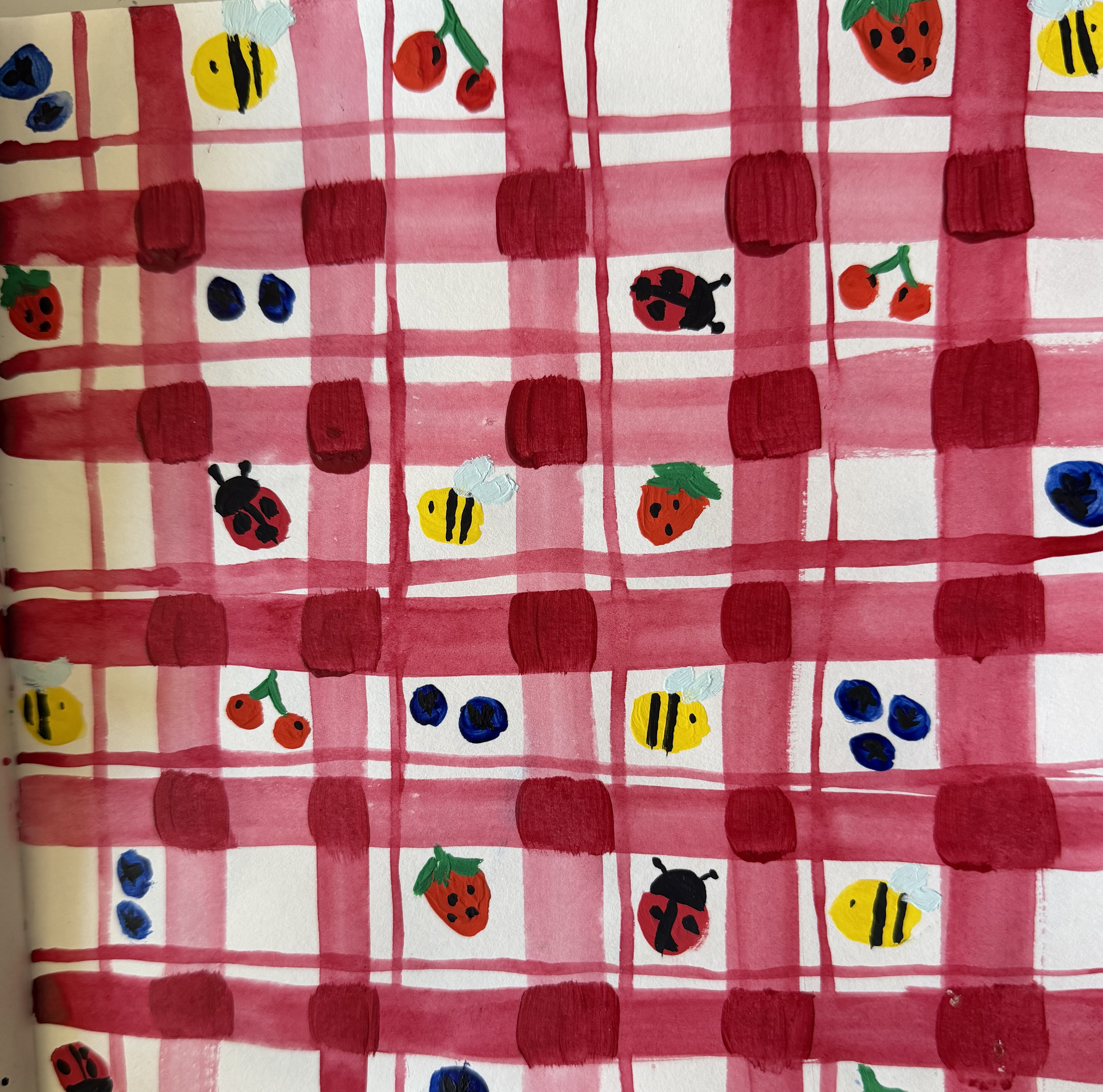 Cute gingham picnic style painting with bees, ladybirds and fruit