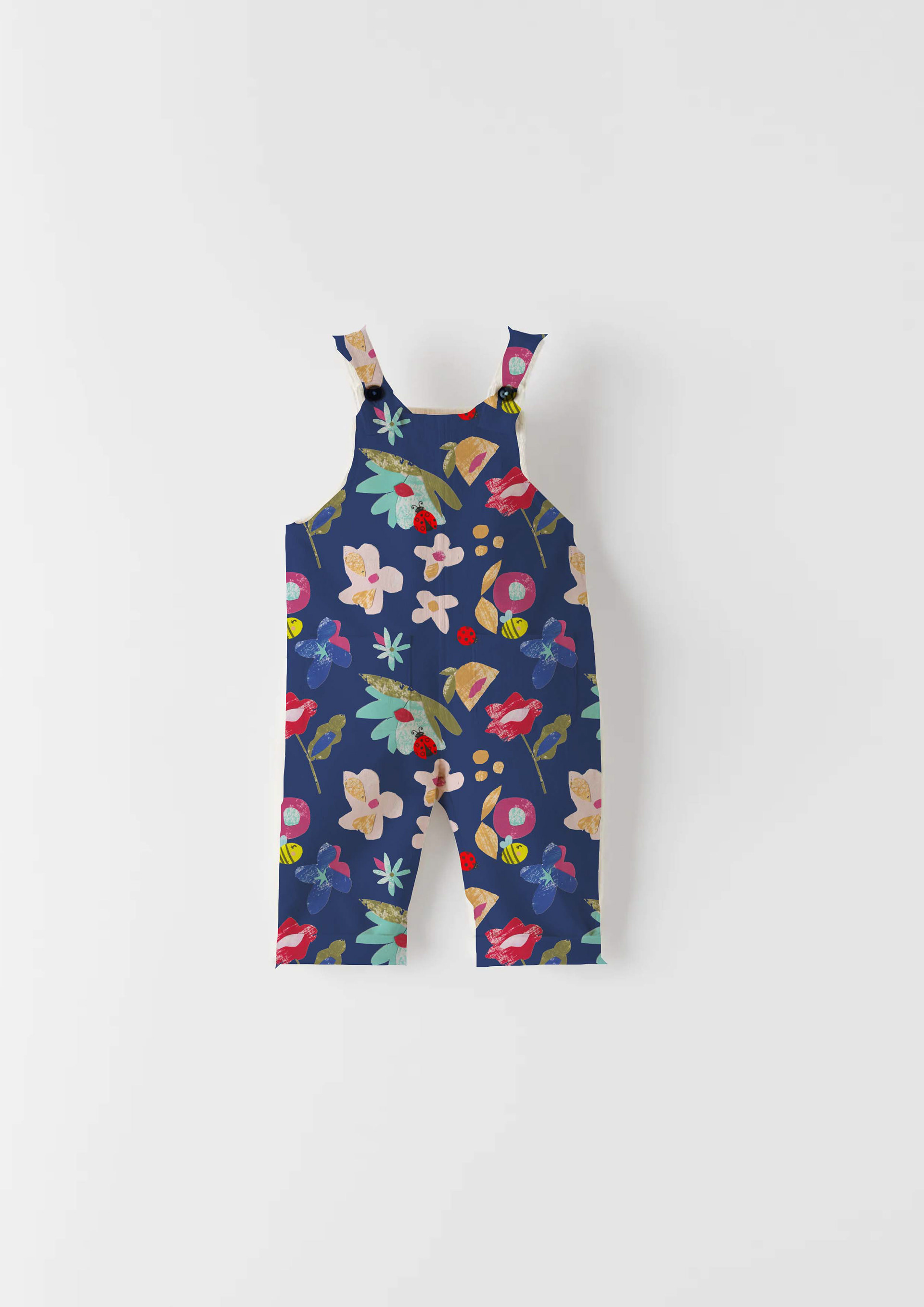 Collaged floral kids dungaree mockup