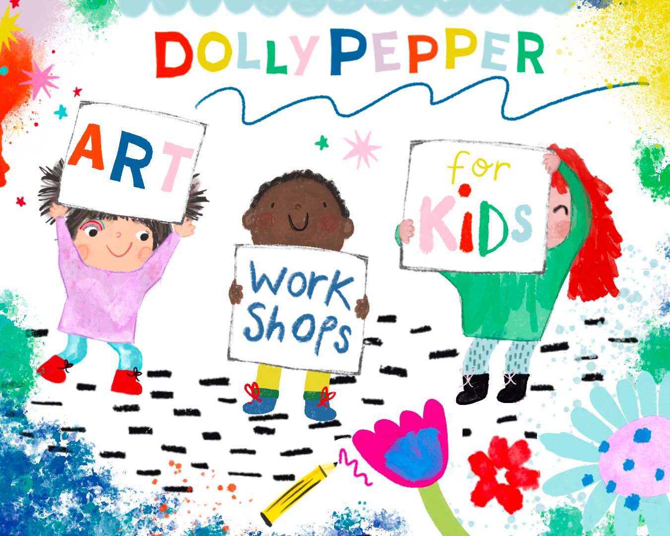 Dolly Pepper Studio 'Art Workshops for Kids' fun vibrant illustration of children holding up paper signs
