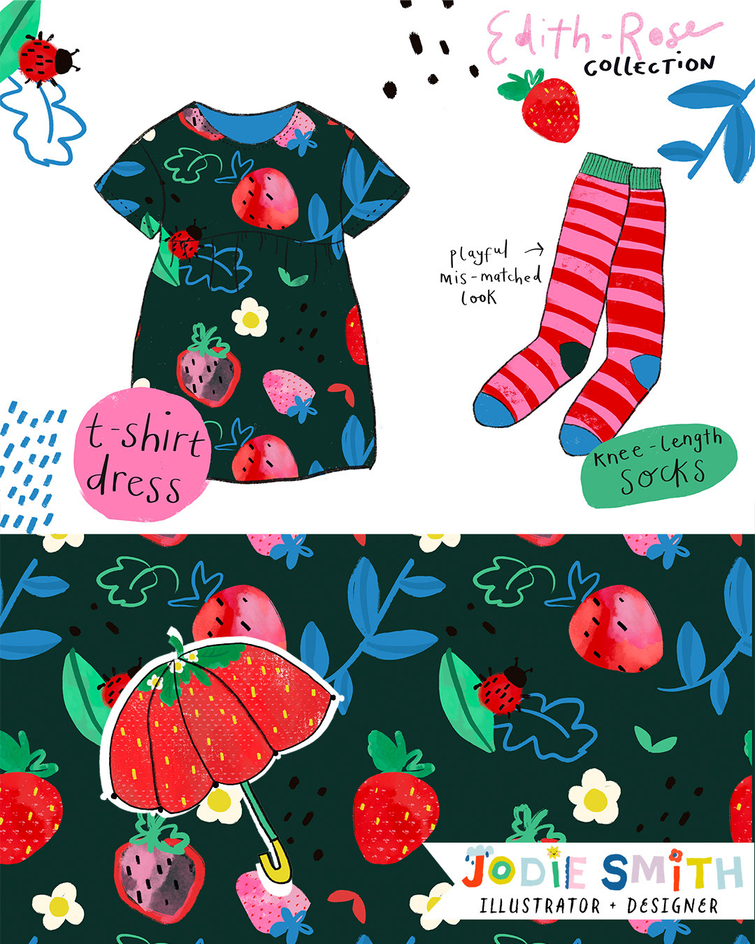 Playful fun strawberry childrens Print collection by Jodie Smith, available to licence