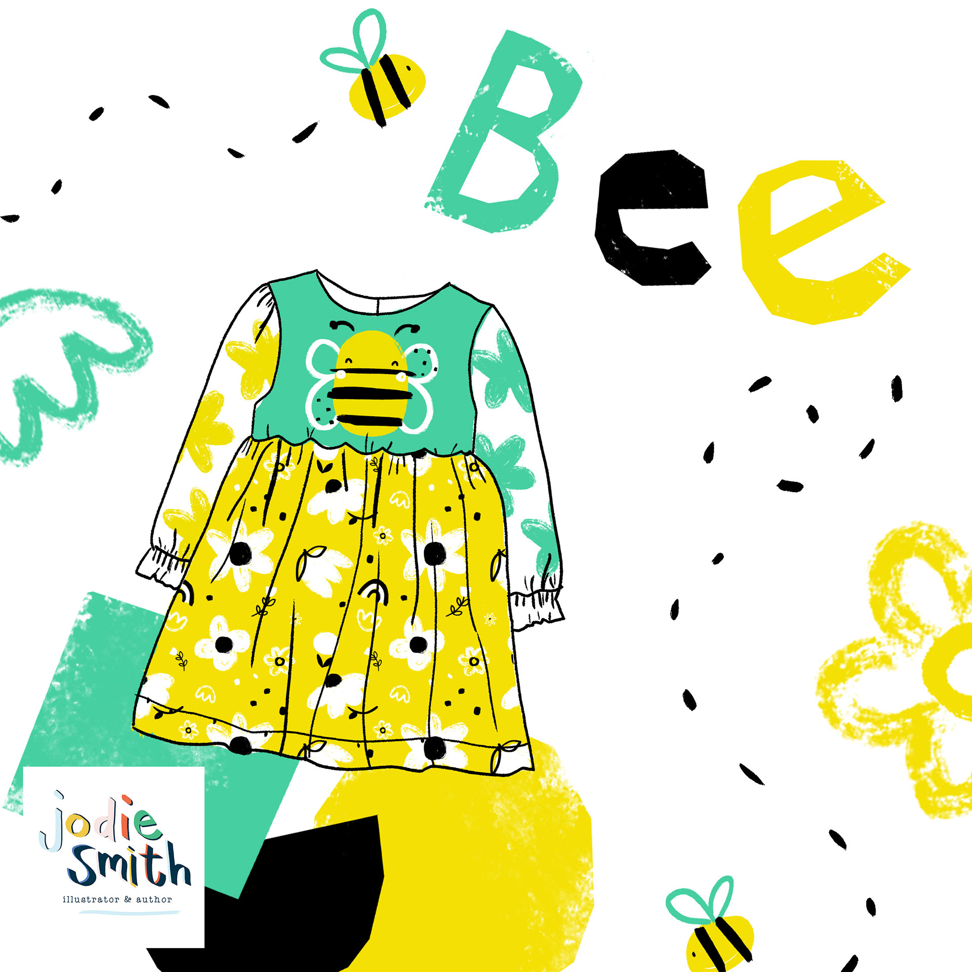 Bee Dress with Hand Drawn Mockup and Co-ordinating floral pattern