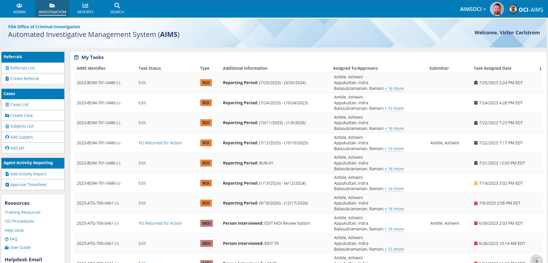 Investigator Landing Page
