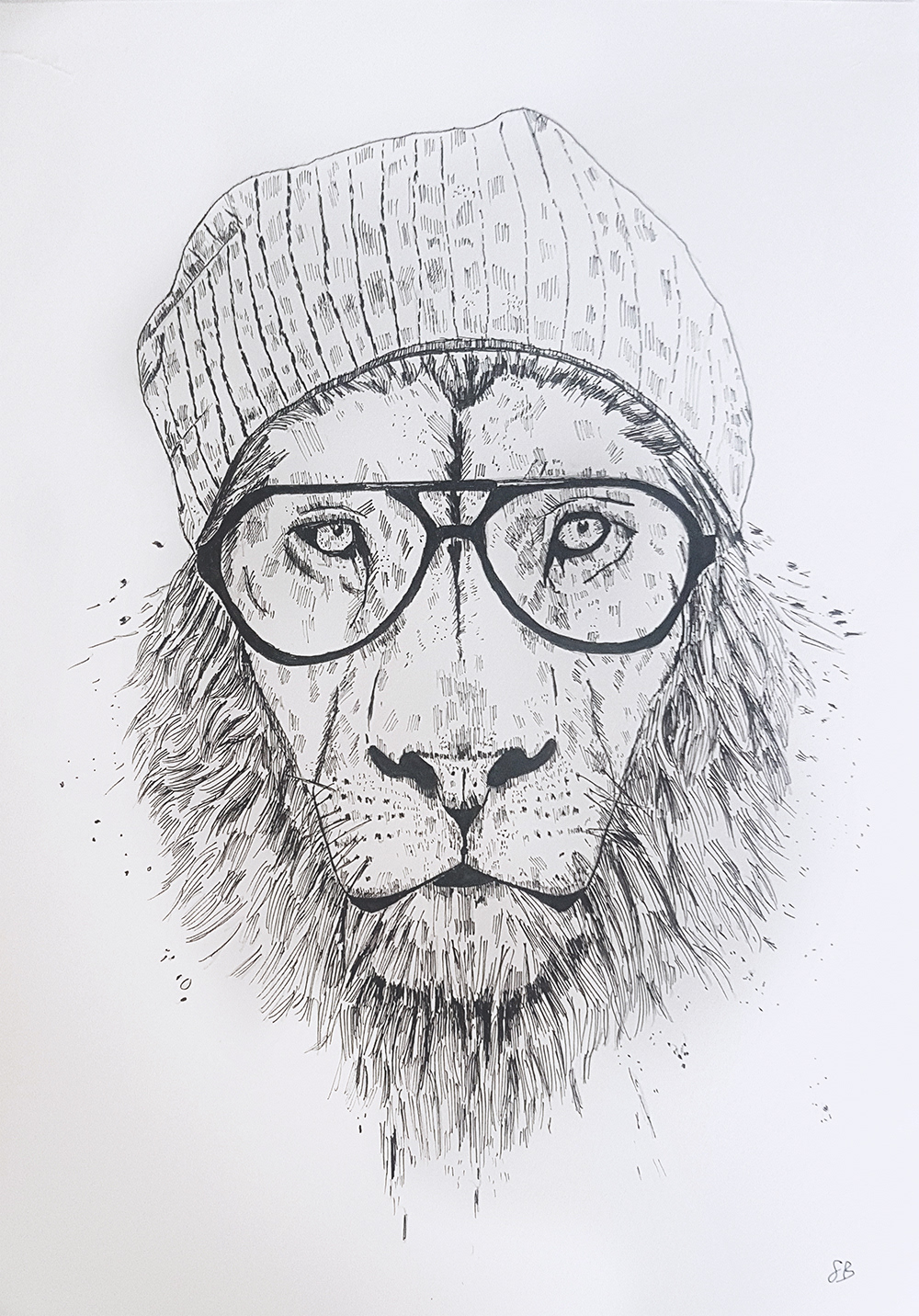 Cool Lion - Ink drawing on paper, A3 size