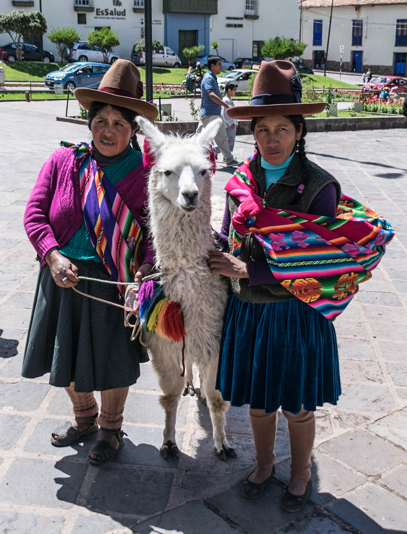 Ladies in colourful costumes with a llama, Cusco, Peru