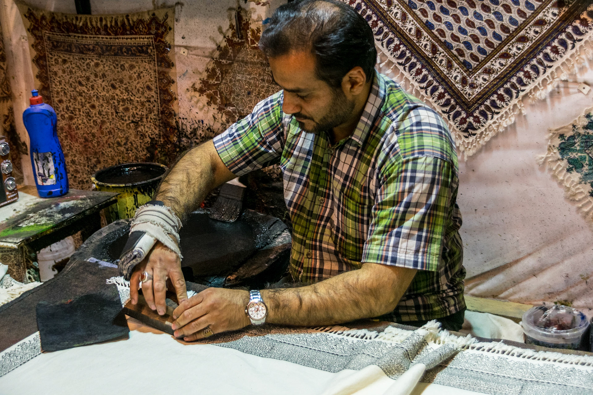 Hand printing cotton, Isfahan, Iran, 2017