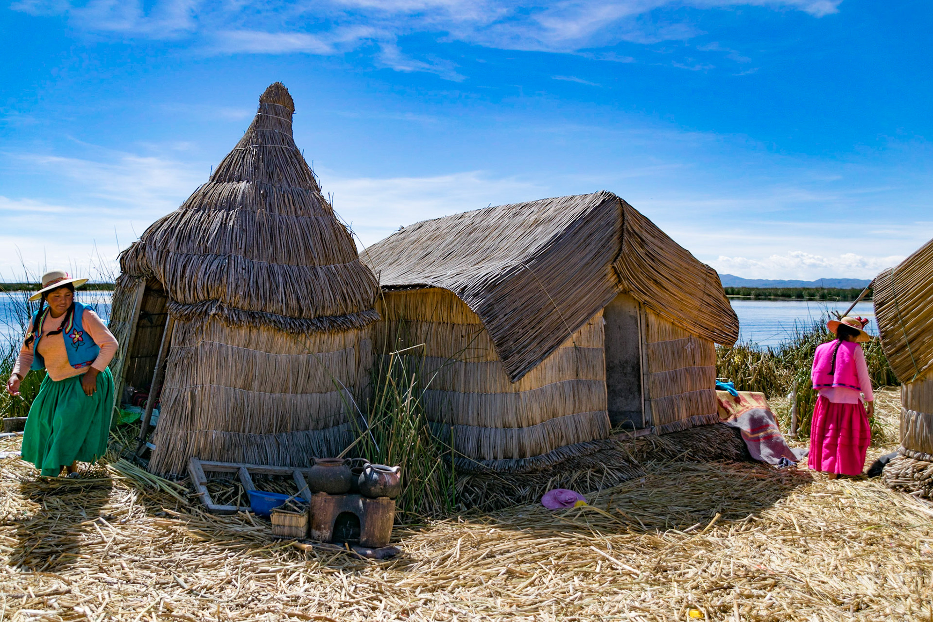 Reed houses on floating island, Lake Titicaca