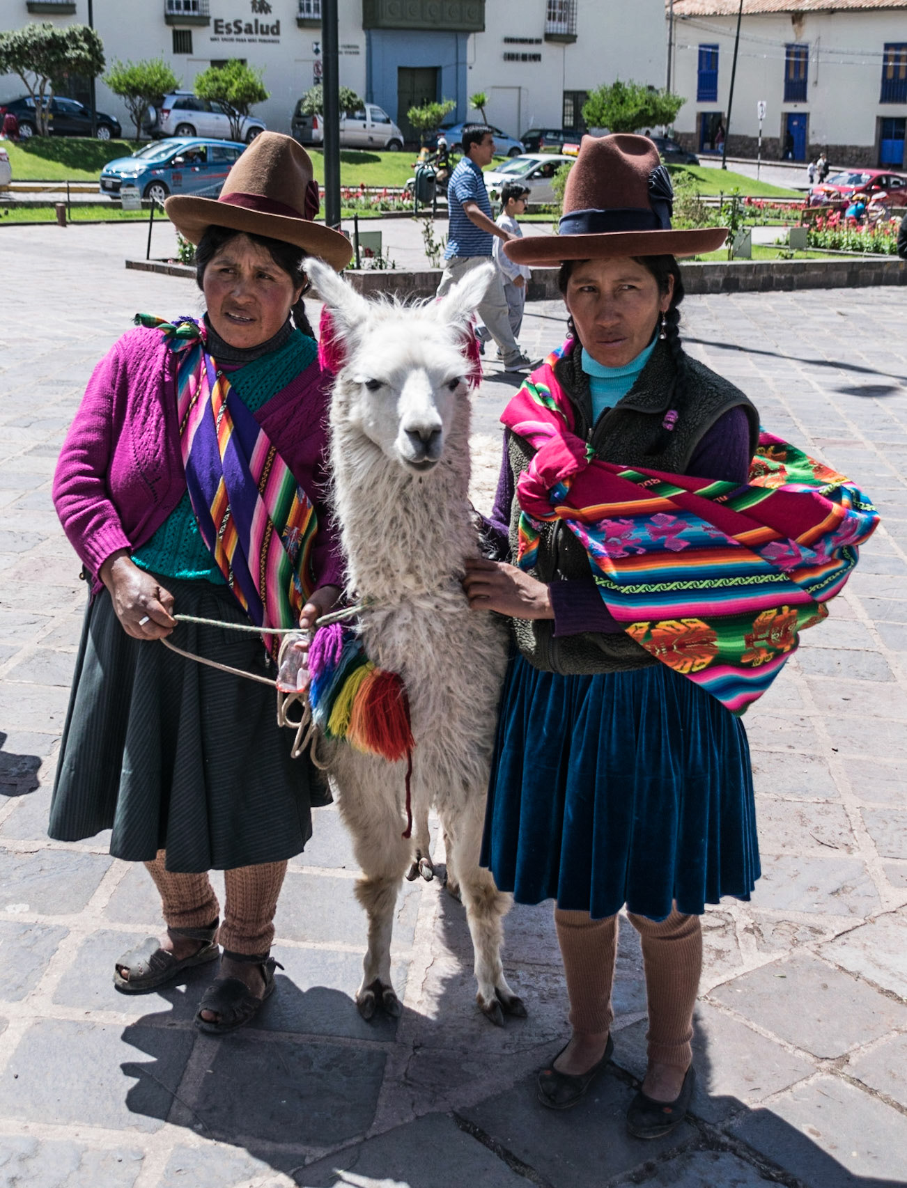 Ladies in colourful costumes with a llama, Cusco, Peru