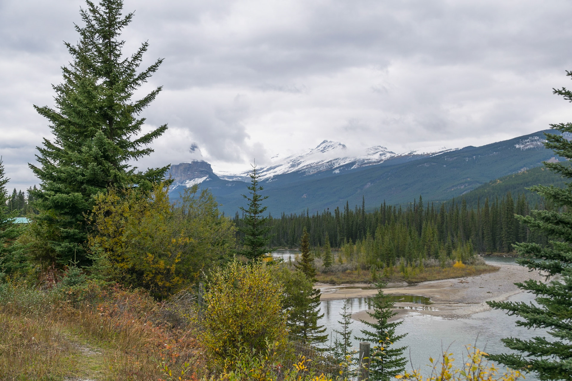 Castle Mountain and Bow River (autumn), near Banff, AB