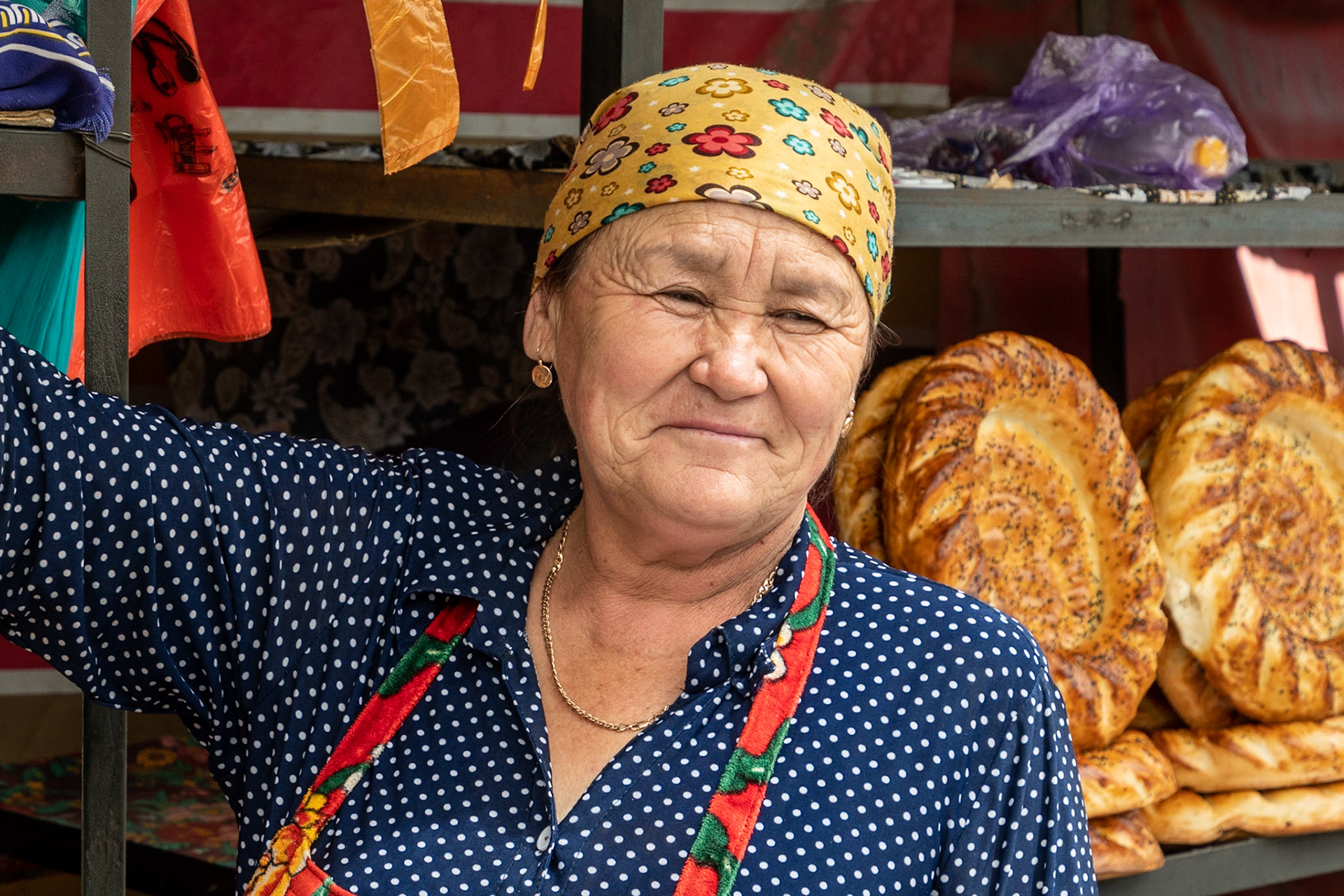 Bread seller, Osh, Kyrgyzstan, 2019