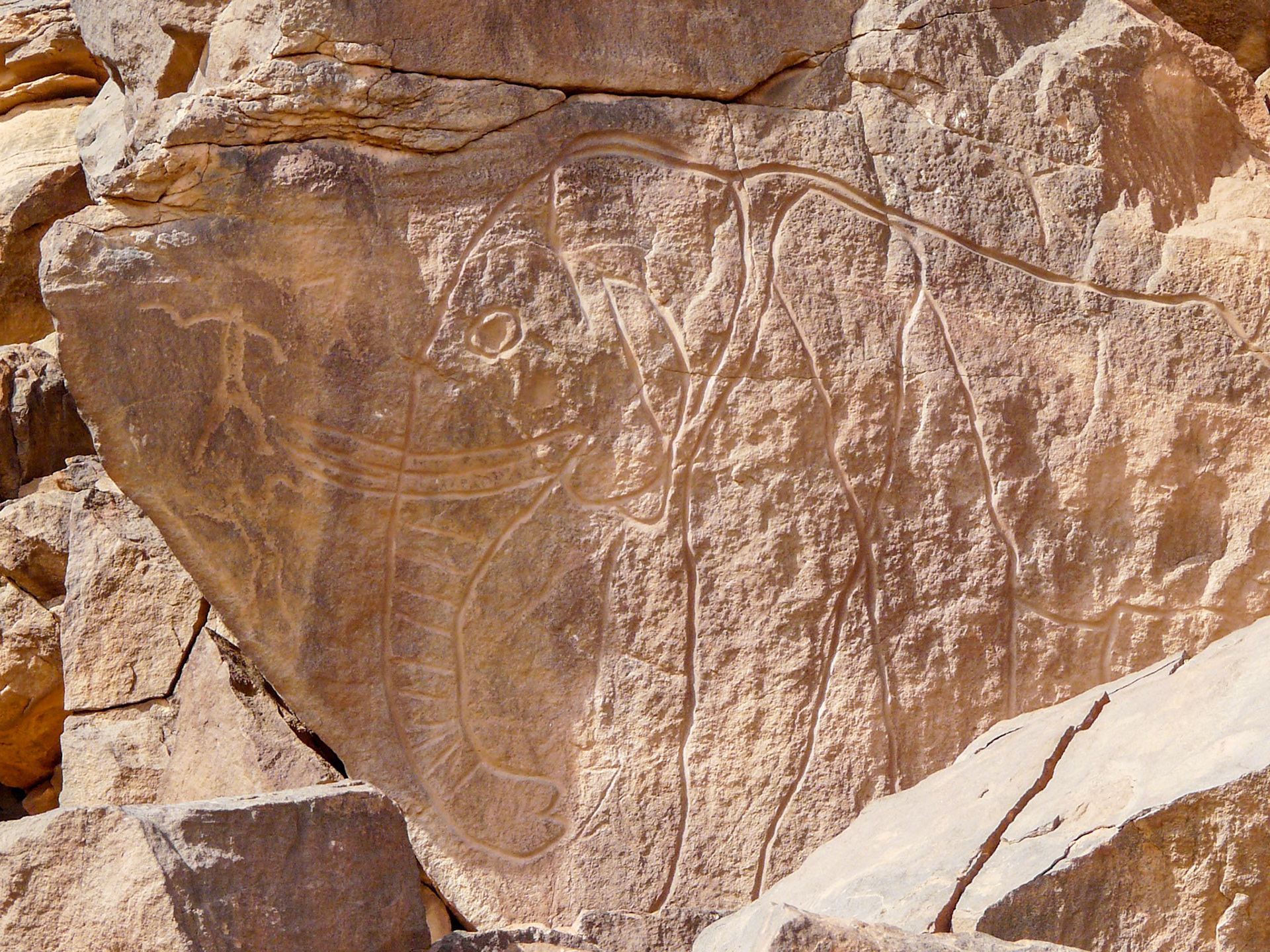 Carving of hunters and an elephant, Wadi Methkandoush