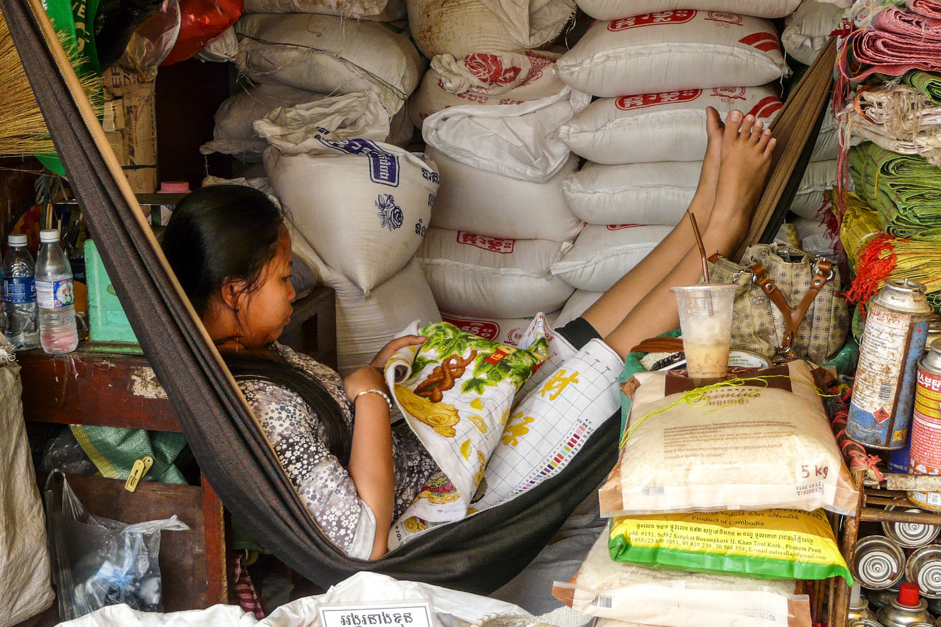Lady in hammock, Market, Siem Reap (InsideAsia East magazine)